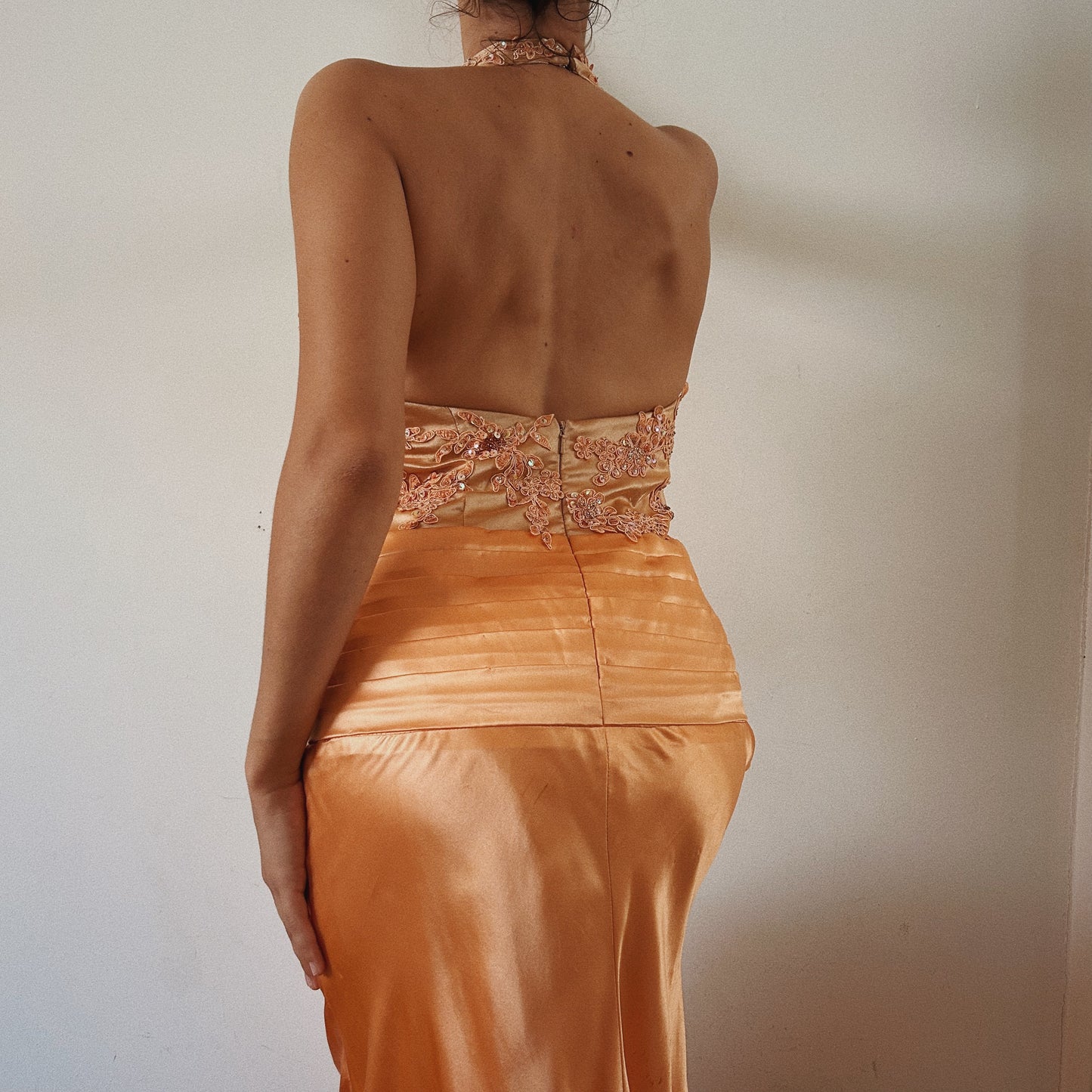 Y2K Beaded Halter Satin Gown