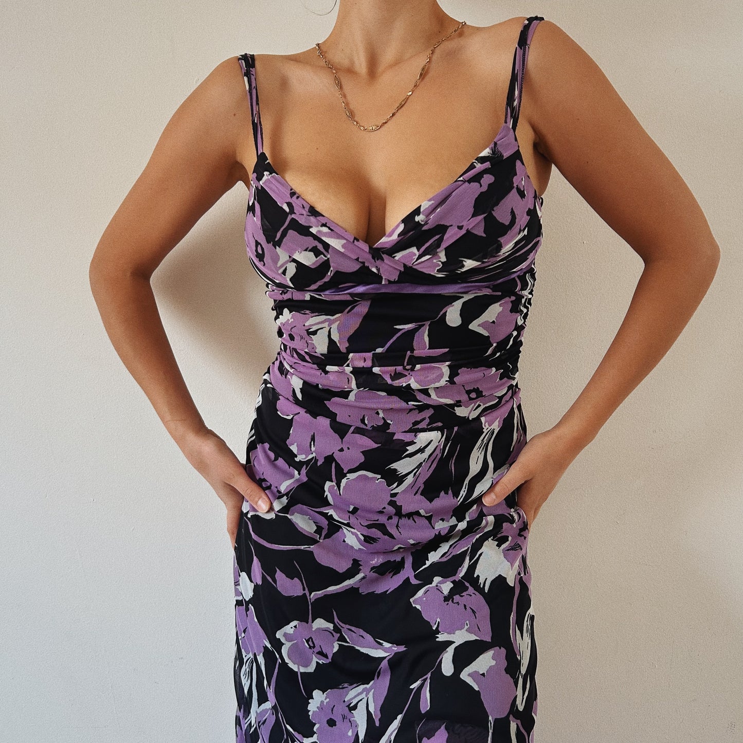 Midi Purple Floral Ruched Summer Dress
