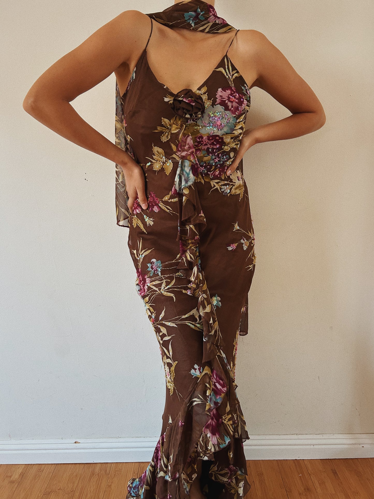 Silk Floral Beaded Maxi Dress with Shawl