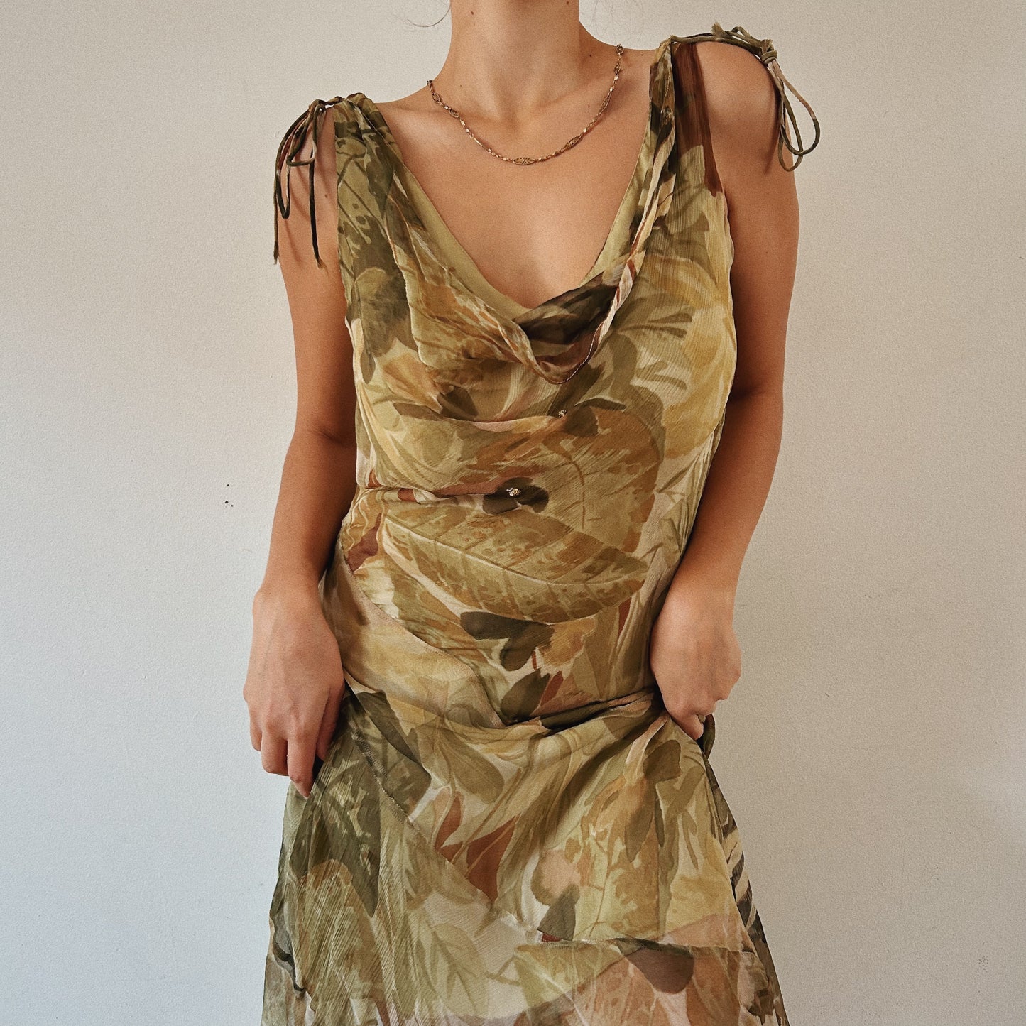 Green Floral Mesh Layered Cowl Neck Dress
