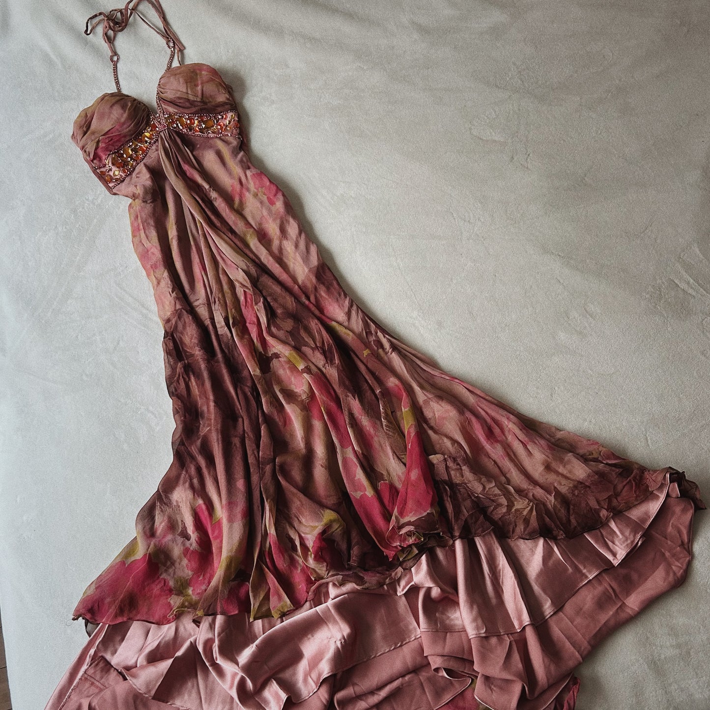 Glamour Rose Beaded Bustier Halter Dress