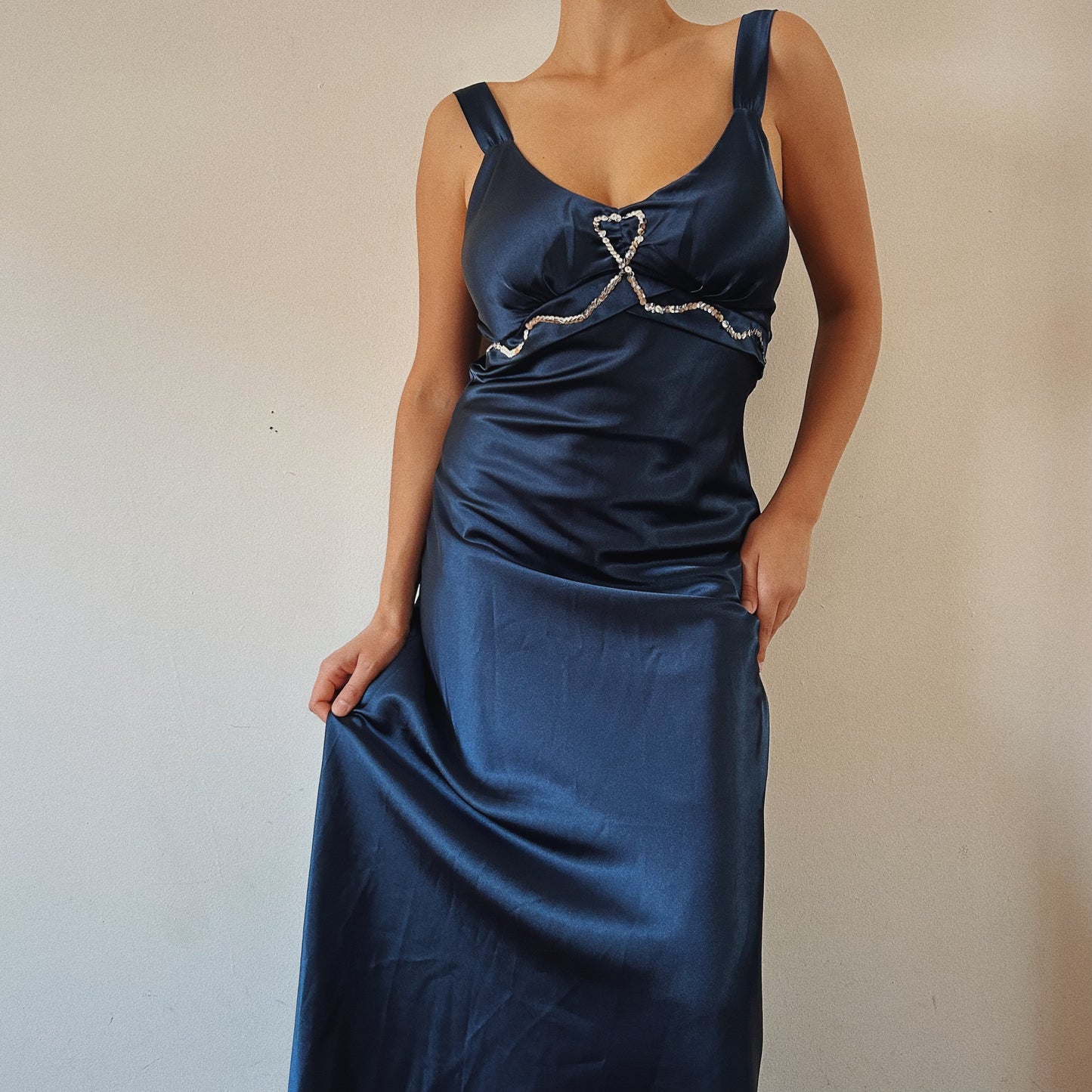Navy Satin Gown With Sequins