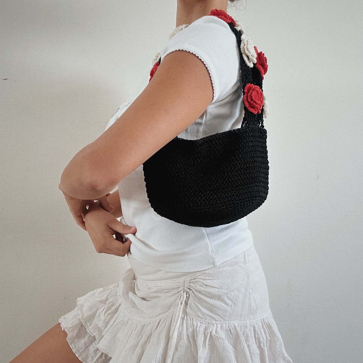 Black Crochet Mini Bag With Roses Details