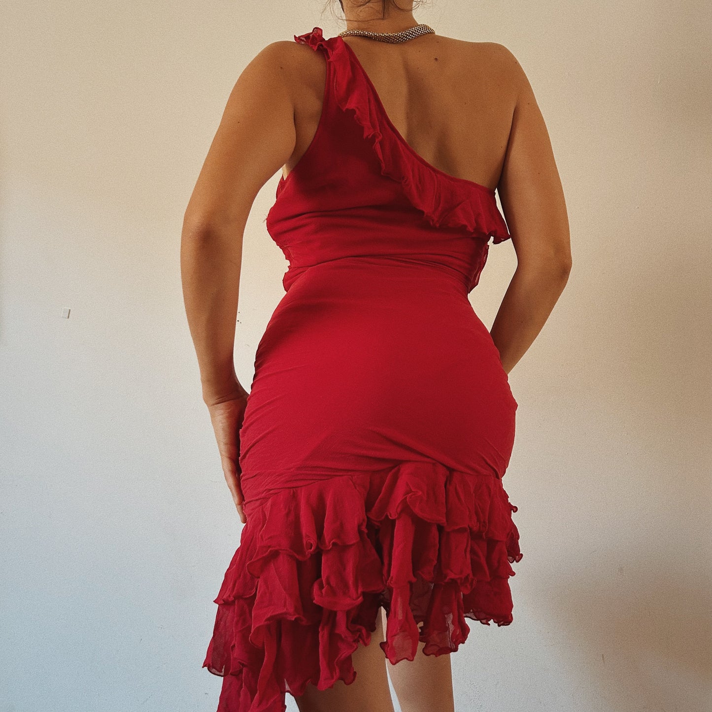 Red Silk One-Shoulder Ruffle Dress