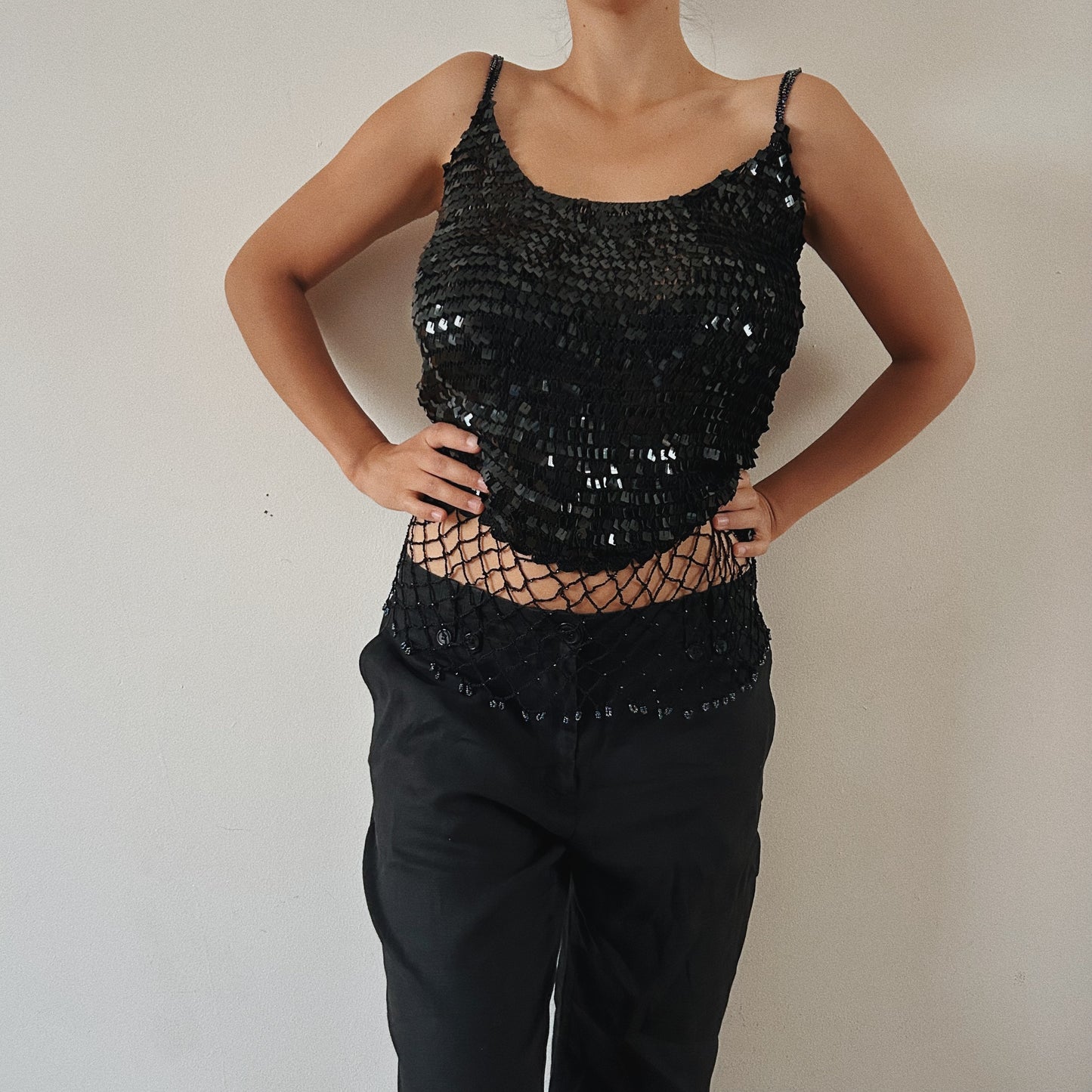 Sequins and Crochet Black Beaded Top