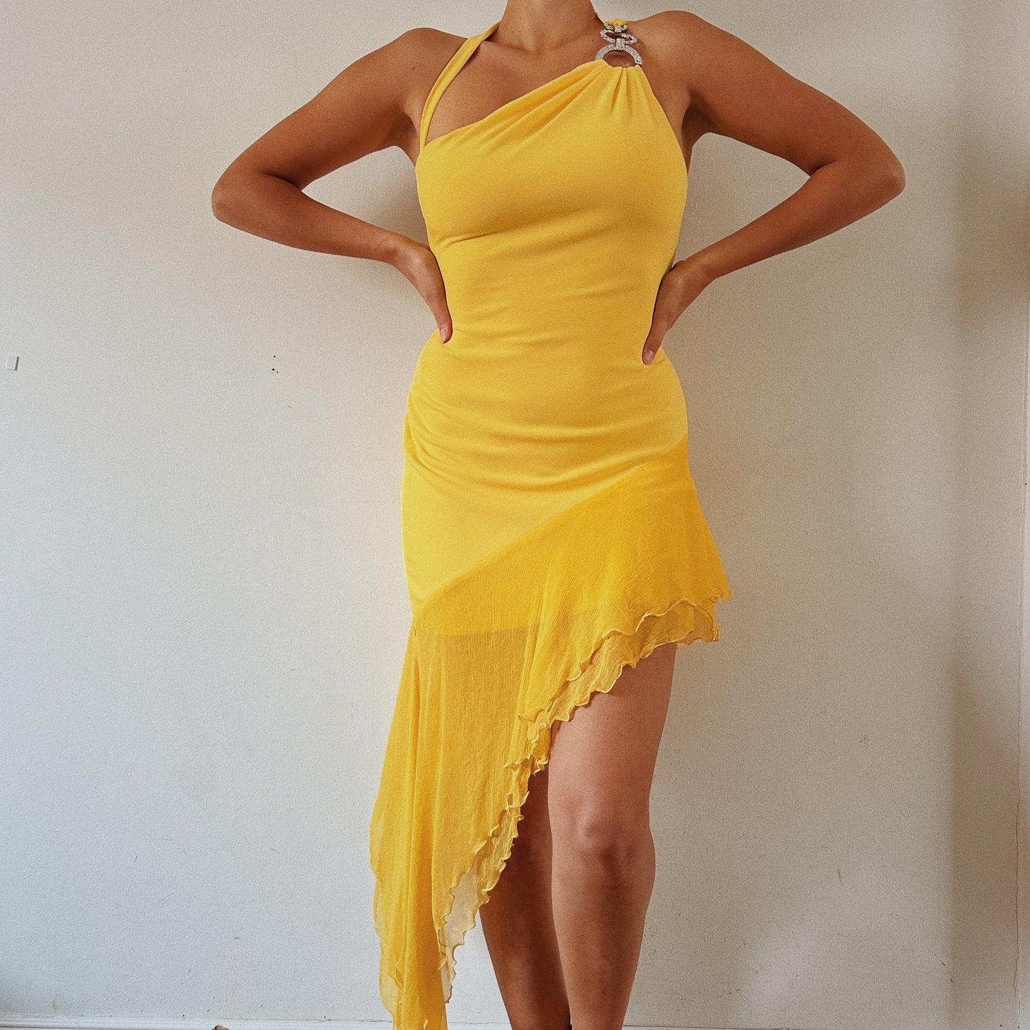 Vibrant Caché Yellow Asymmetrical Dress