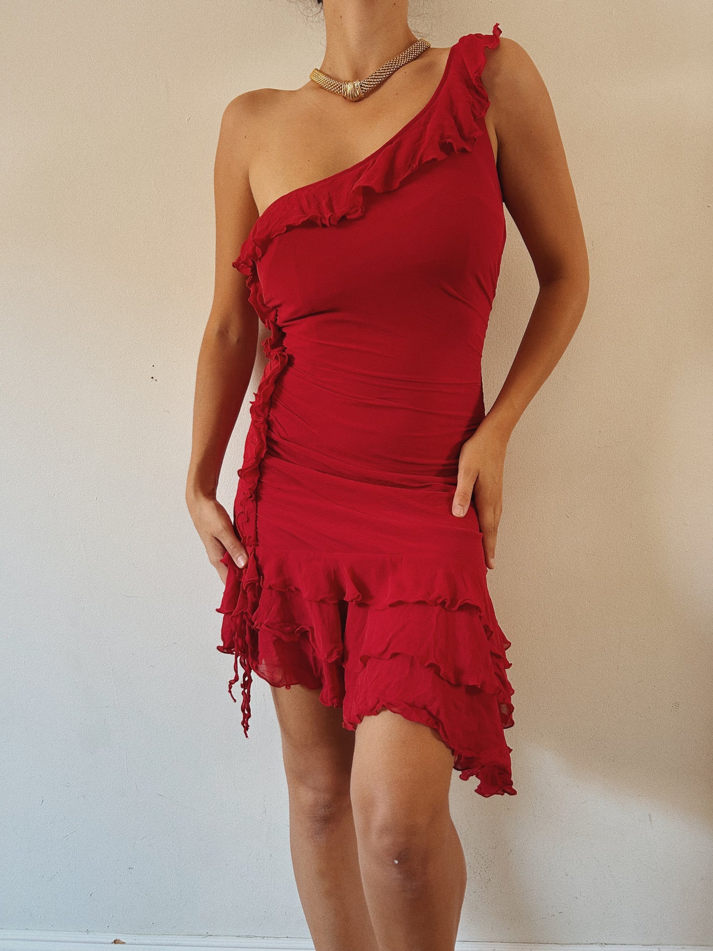 Red Silk One-Shoulder Ruffle Dress