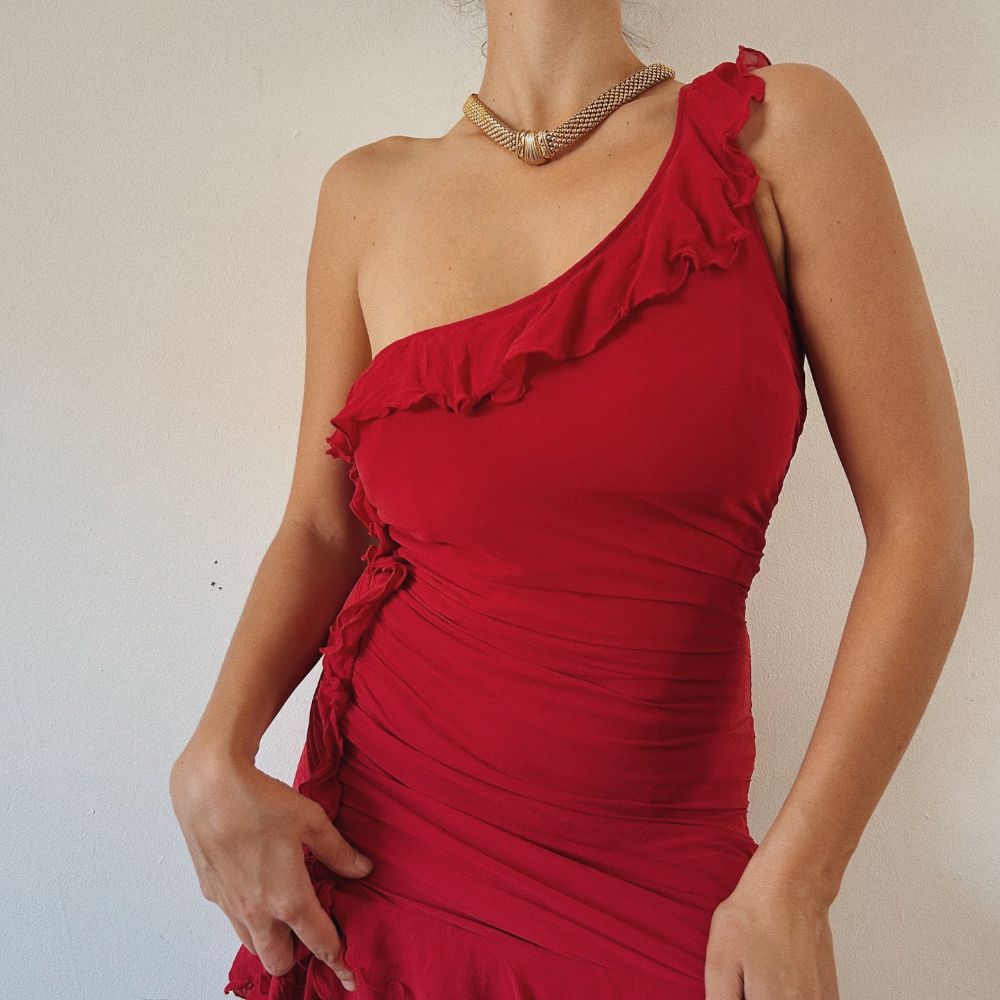 Red Silk One-Shoulder Ruffle Dress
