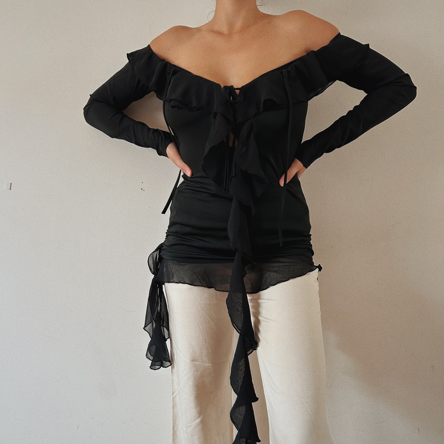 Black Mesh Off The Shoulder Ruffled Top