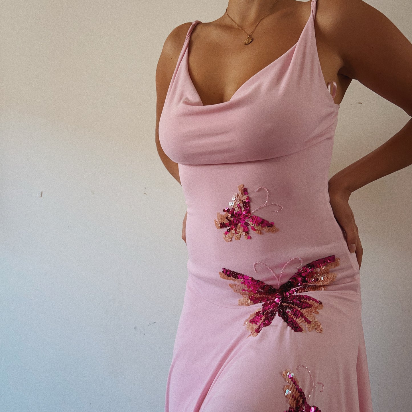 Italian Designer Asymmetrical Pink Butterflies Sequins Dress