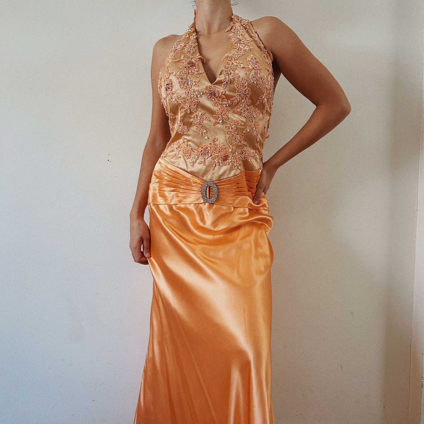 Y2K Beaded Halter Satin Gown