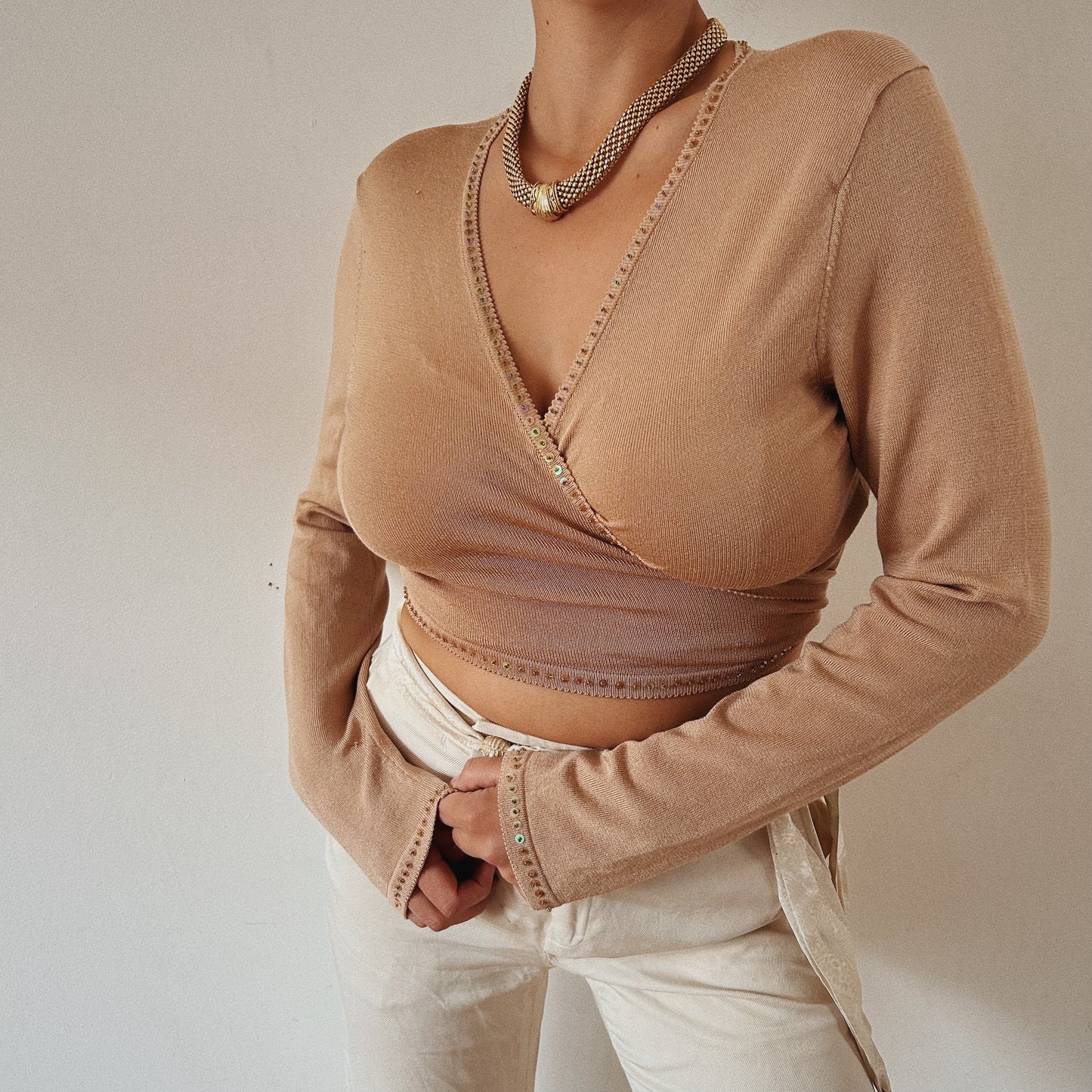 Chic Beige Bolero Tie Embellished Cardigan