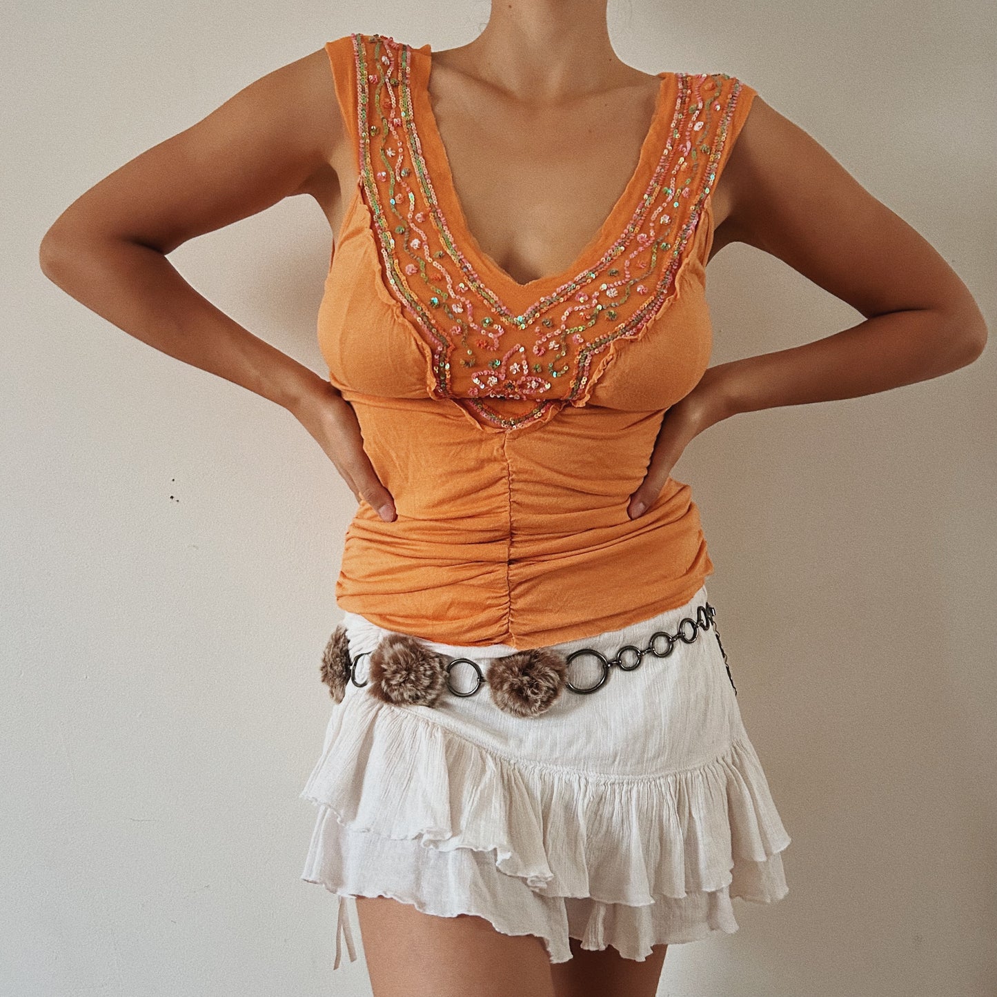 Orange Ruched Sequins Top