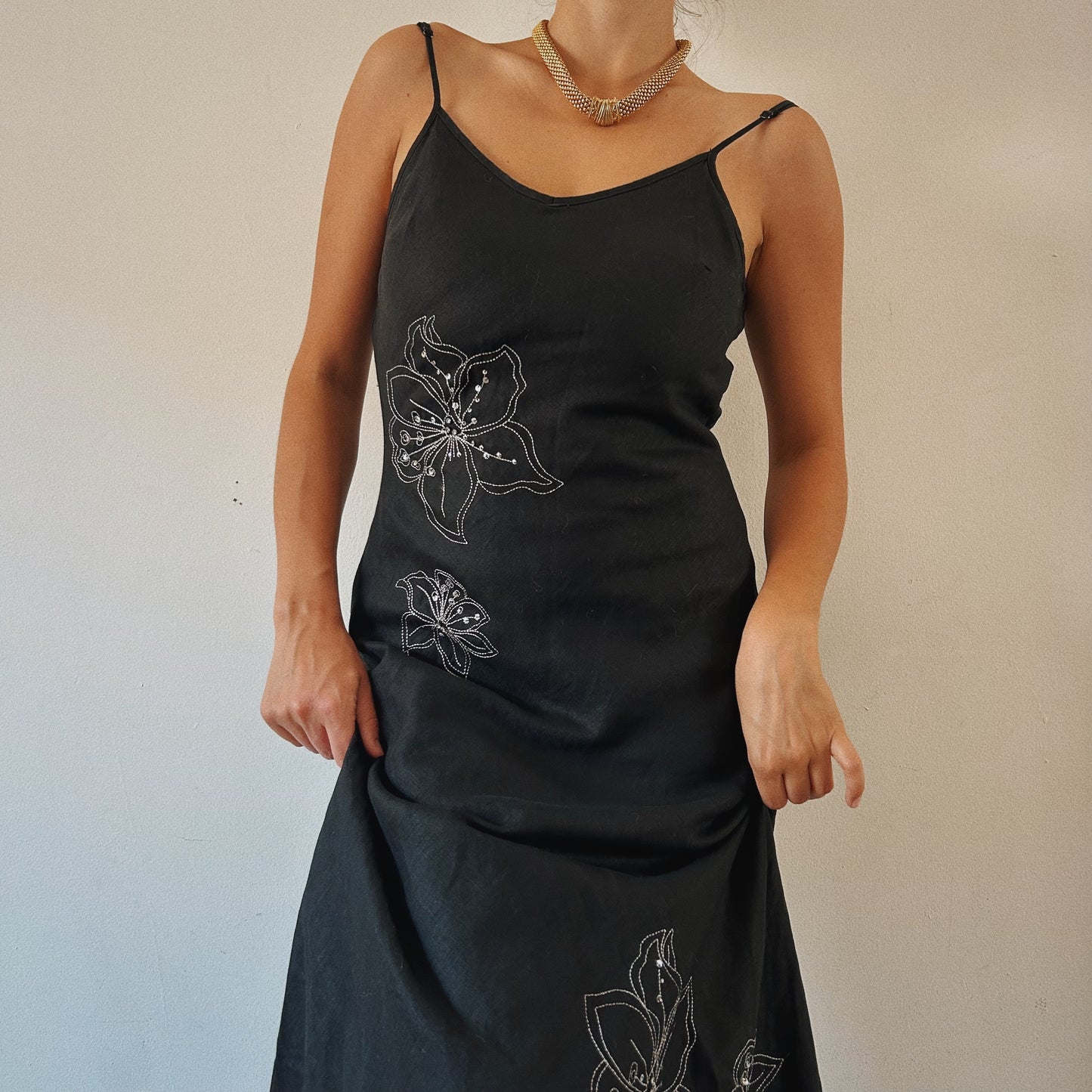 Linen Maxi Sequins Floral Dress