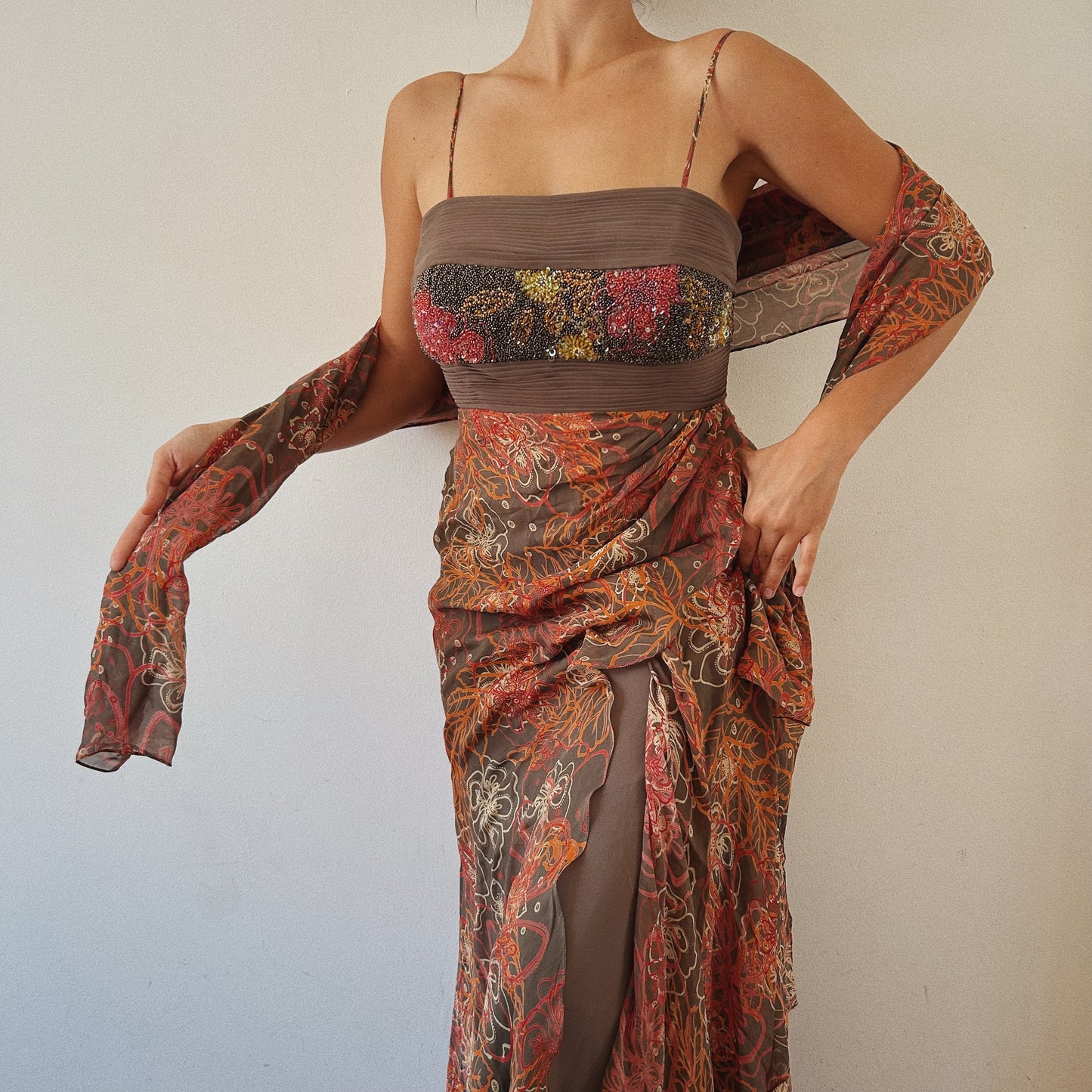 Silky Beaded Gown with Scarf