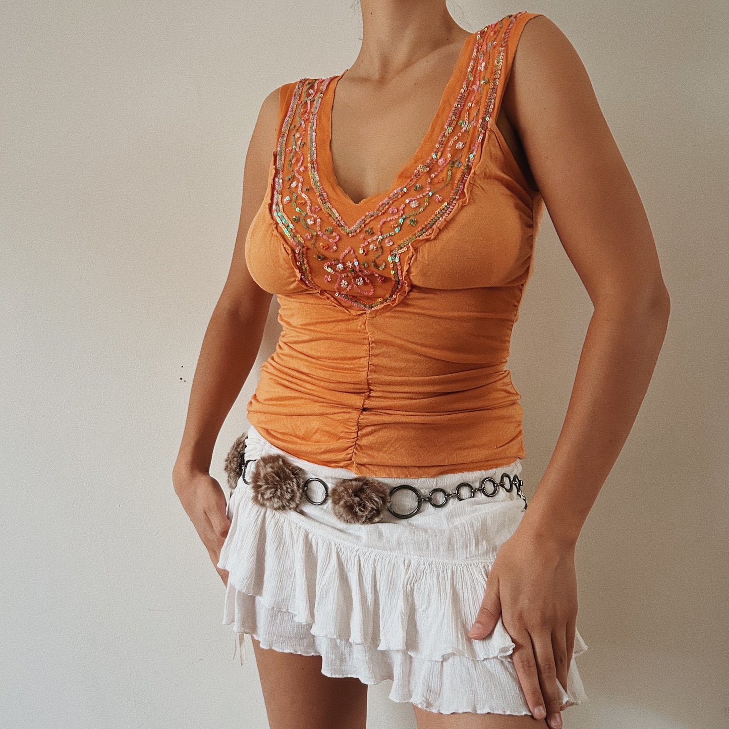 Orange Ruched Sequins Top