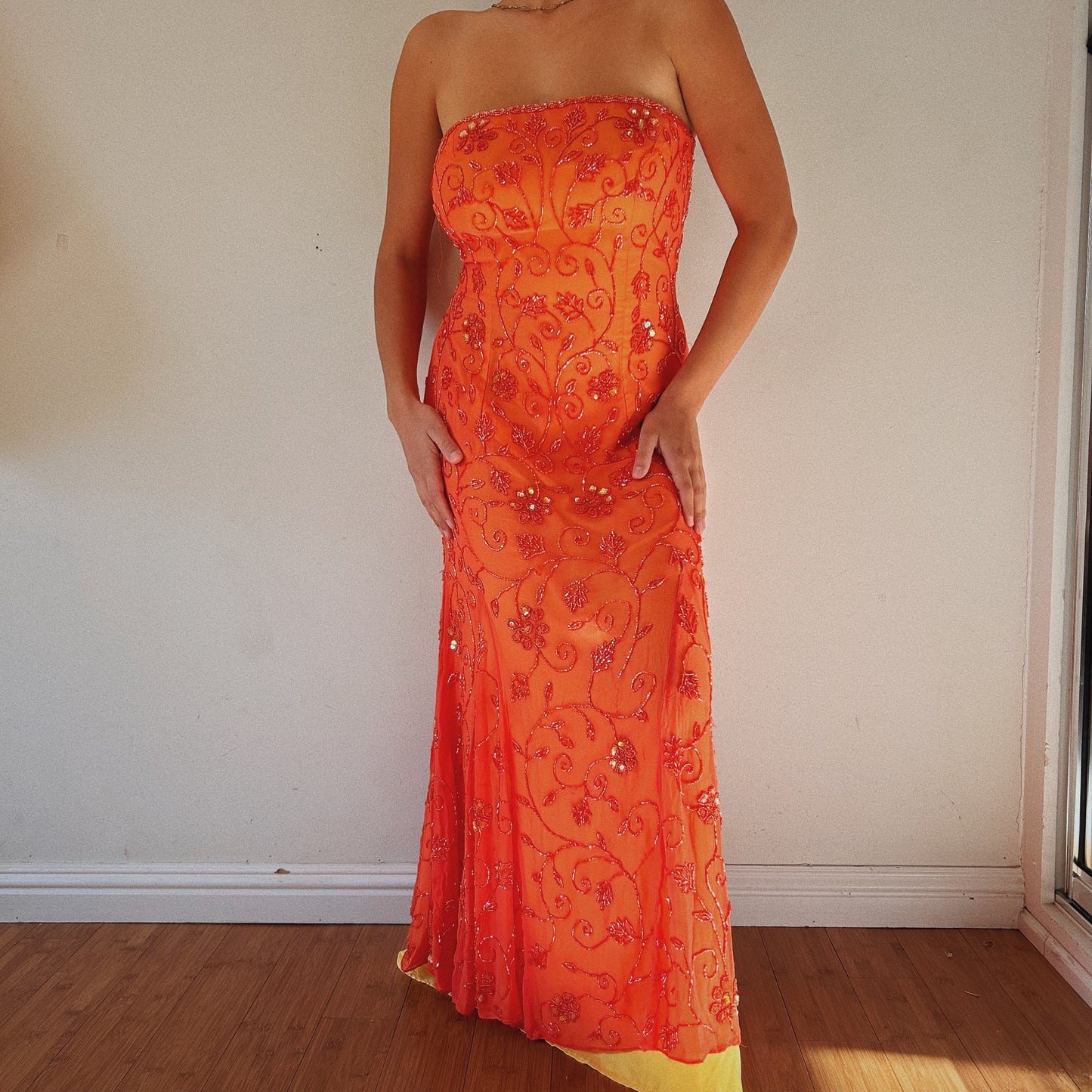 Silk Bright Orange Beaded Strapless Dress