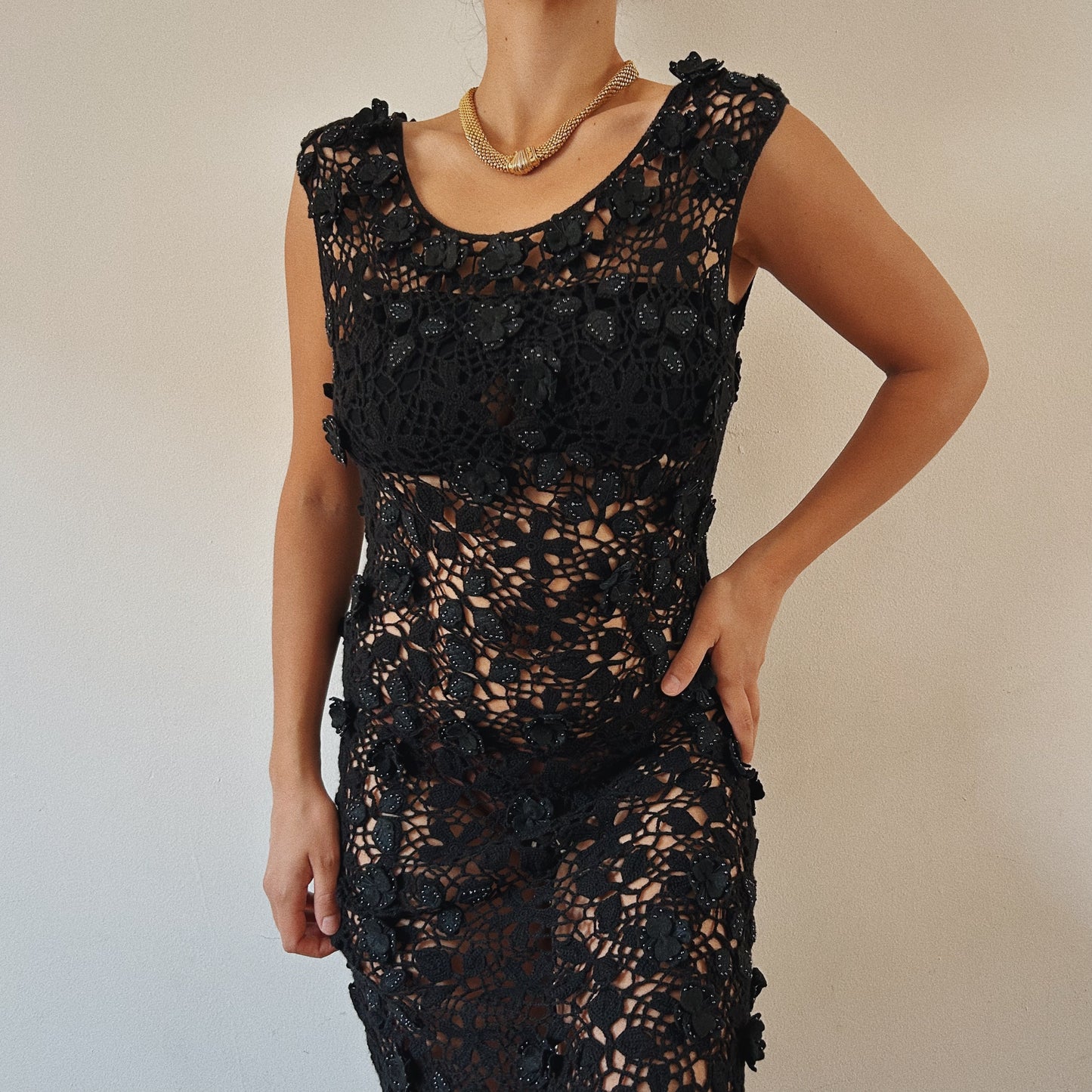 Crochet Black Floral Beach Dress