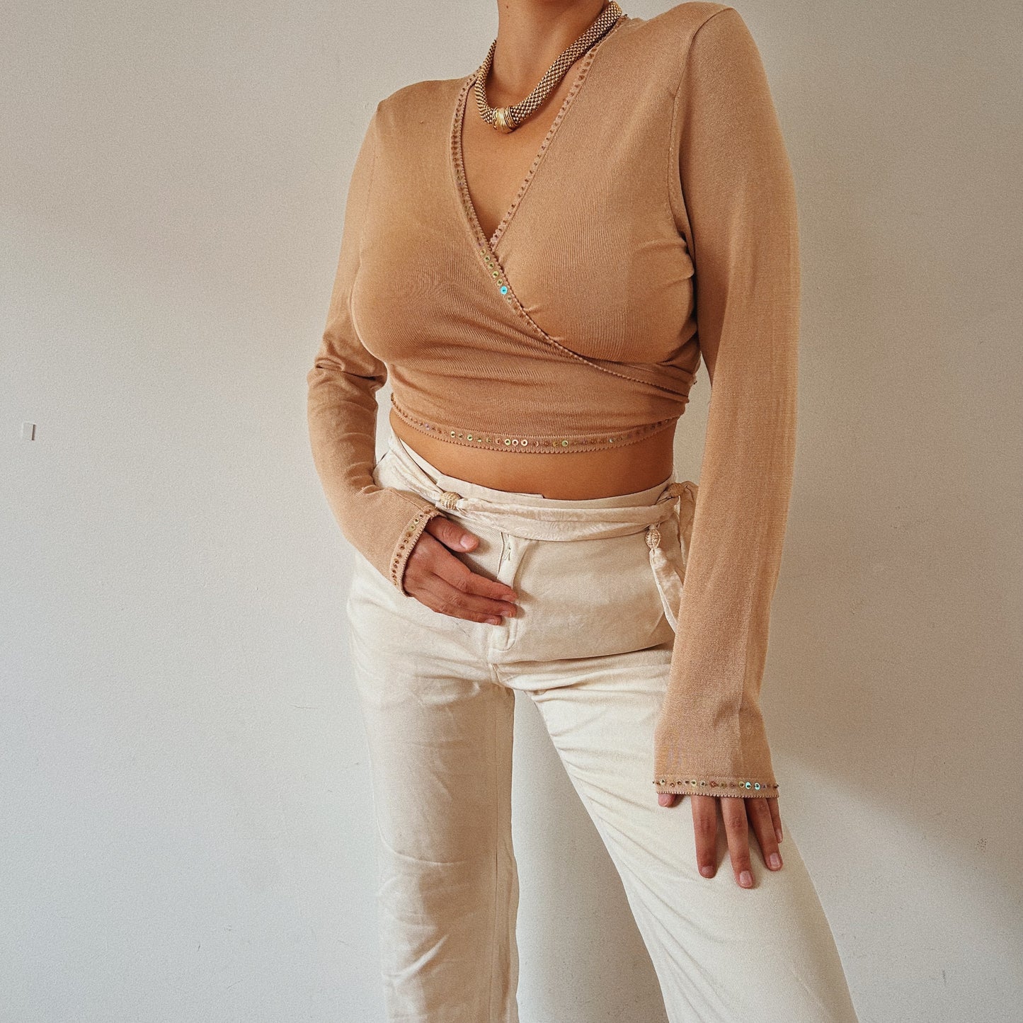 Chic Beige Bolero Tie Embellished Cardigan