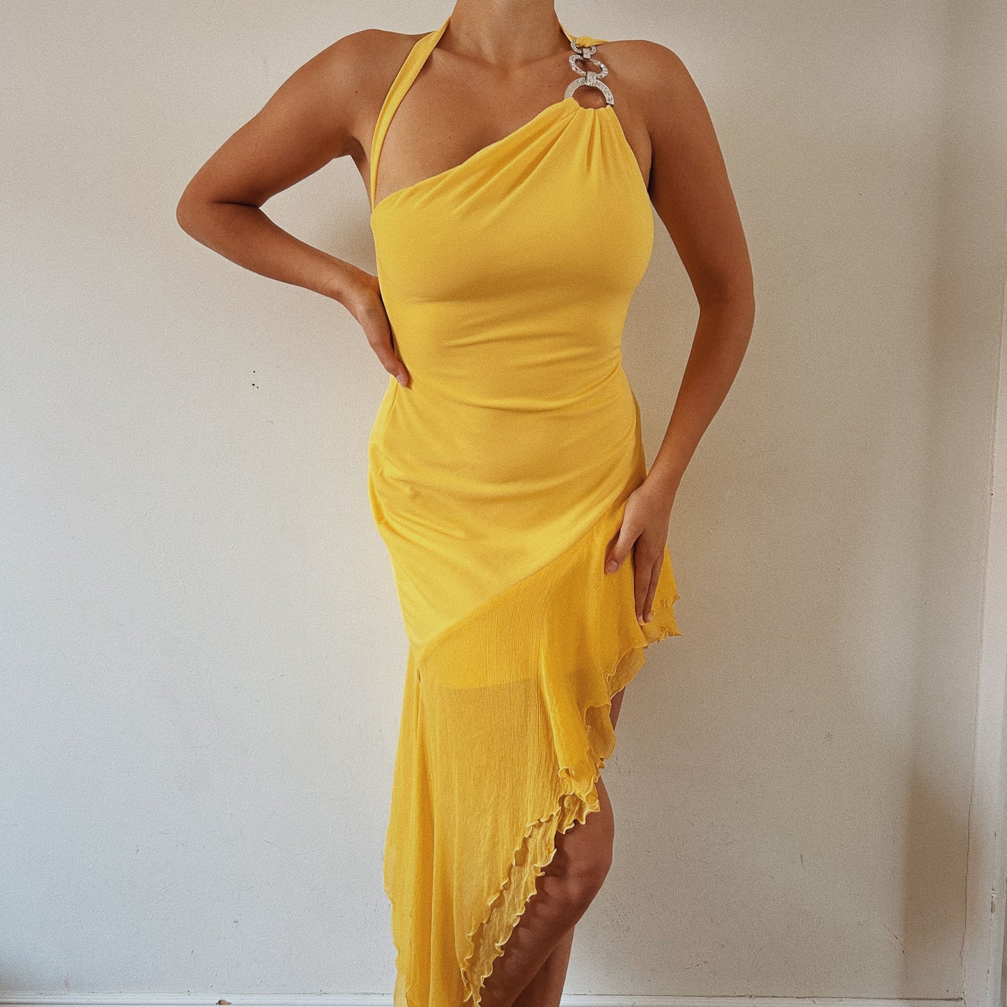 Vibrant Caché Yellow Asymmetrical Dress