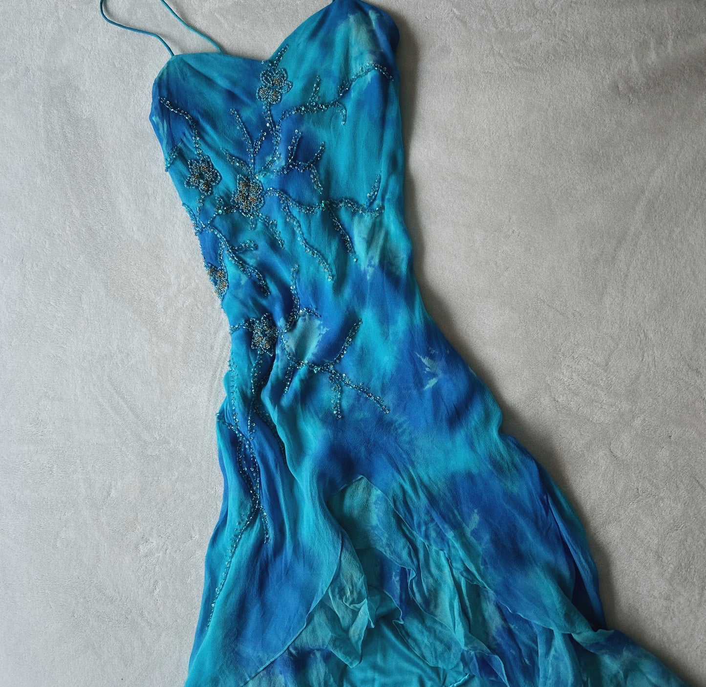 Mermaid Beaded Blue A-Line Mini Silk Dress