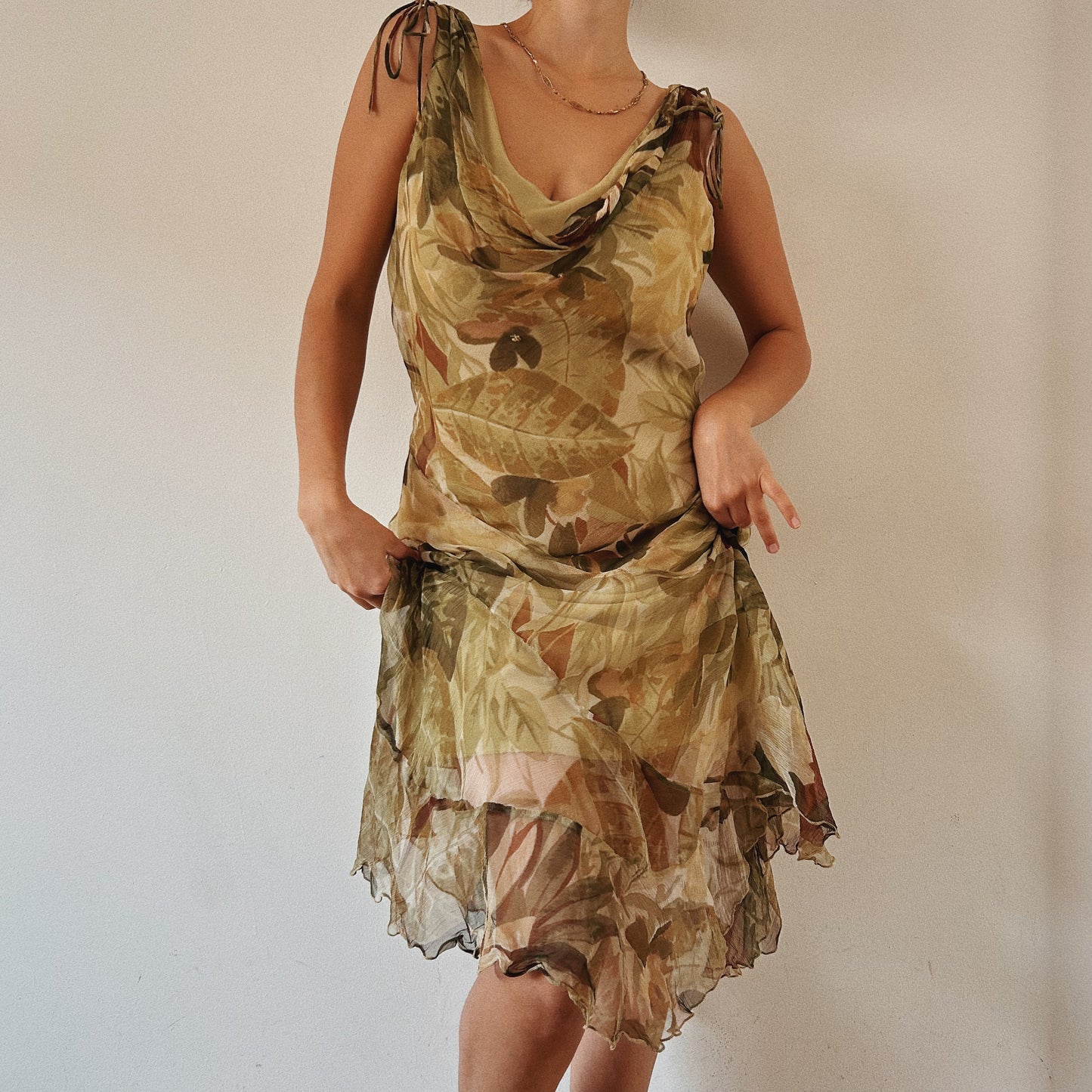Green Floral Mesh Layered Cowl Neck Dress