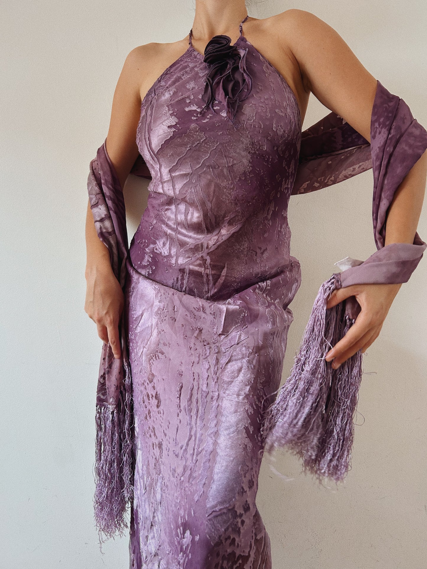 Spanish Halter Velvety Gown With Scarf