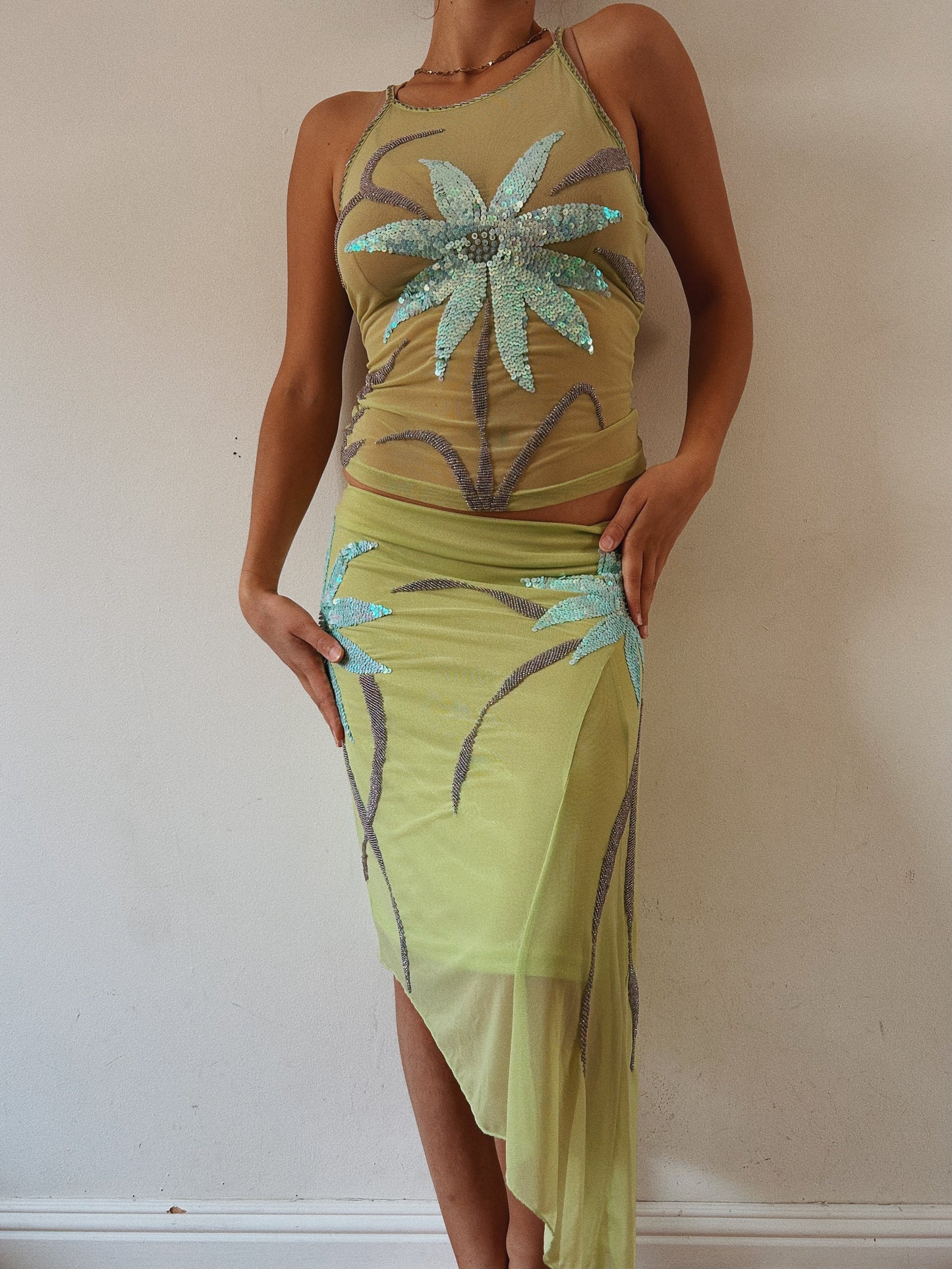 Italian Designer Green Sequins Mesh Set