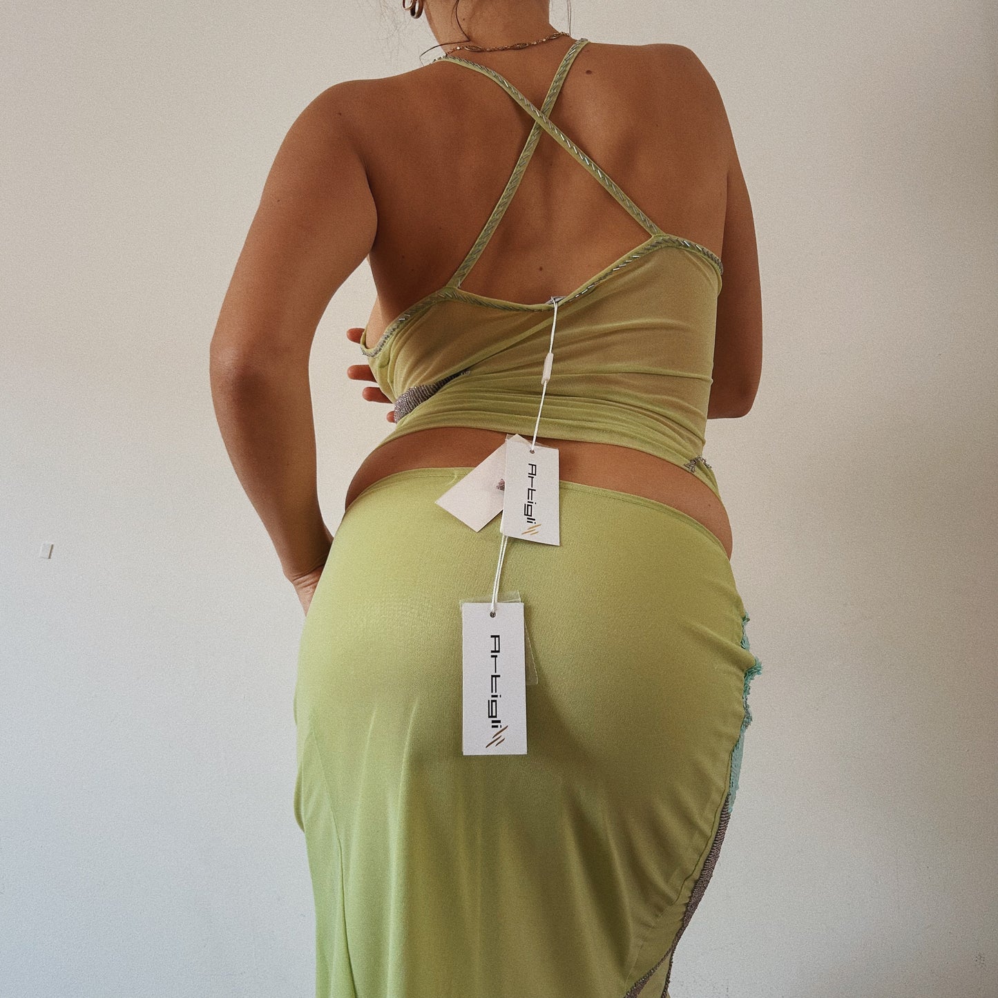 Italian Designer Green Sequins Mesh Set