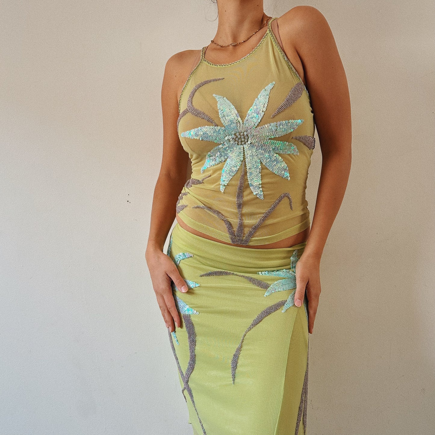 Italian Designer Green Sequins Mesh Set