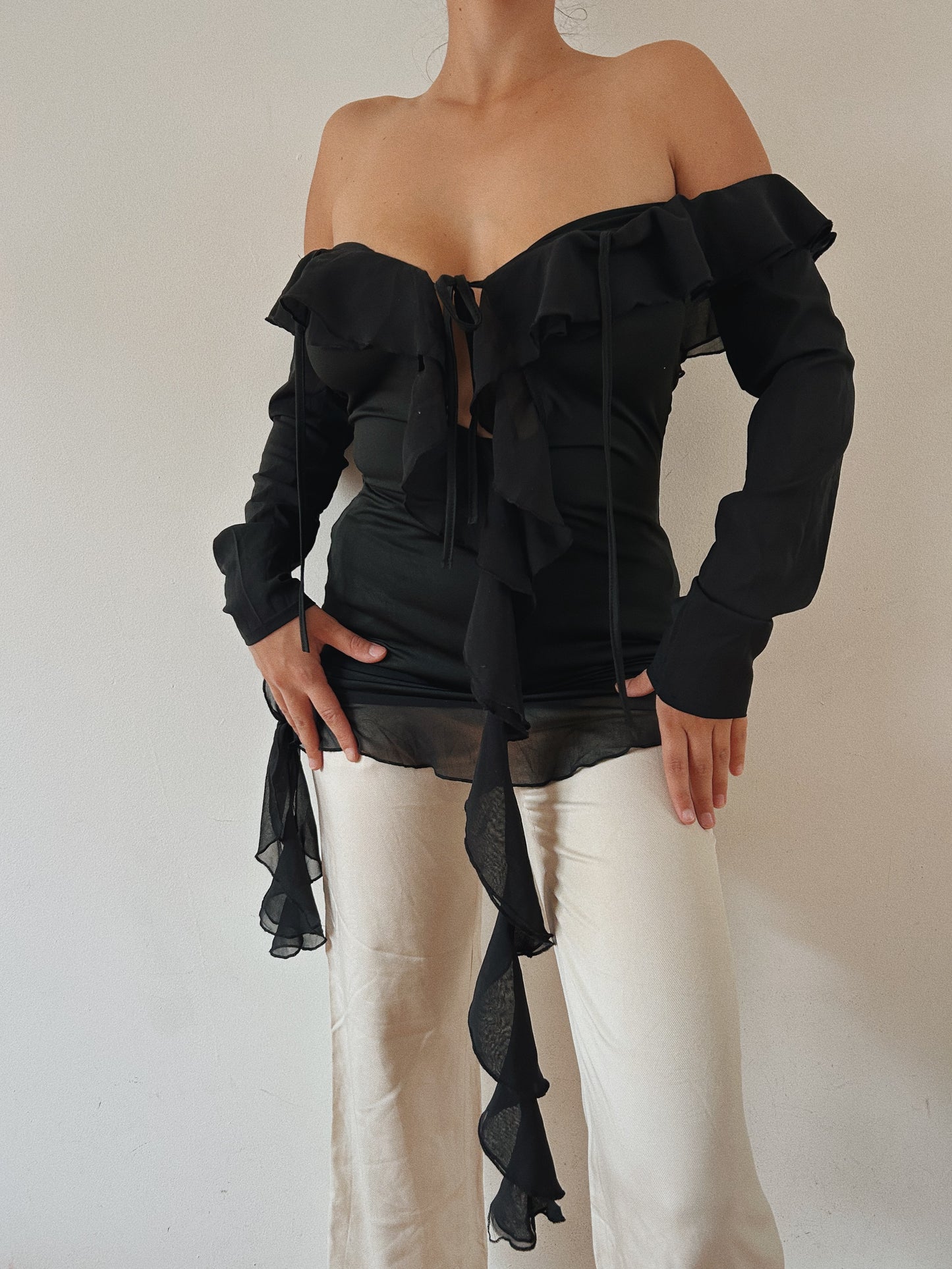 Black Mesh Off The Shoulder Ruffled Top