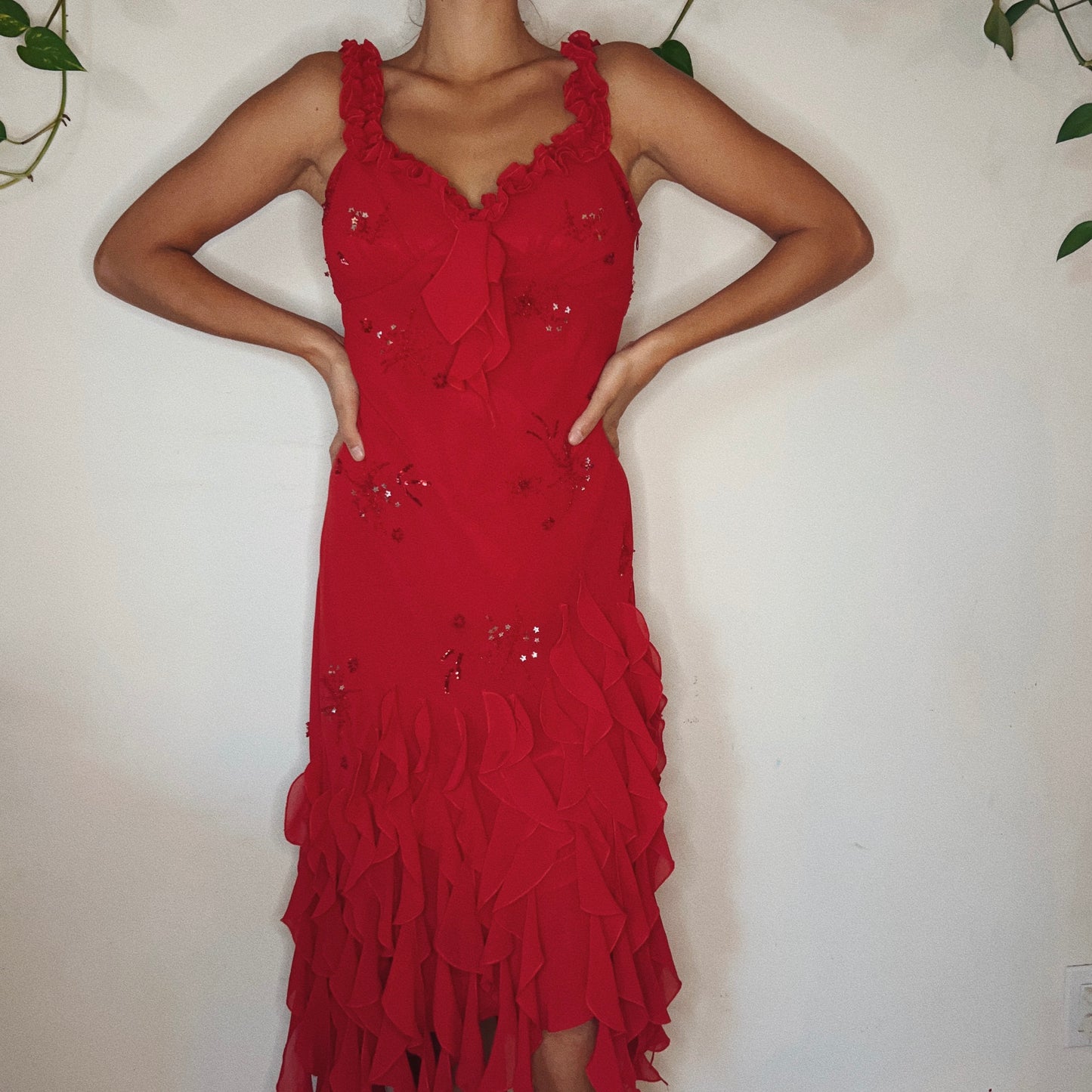 Asymmetrical Ruffled Beaded Dress