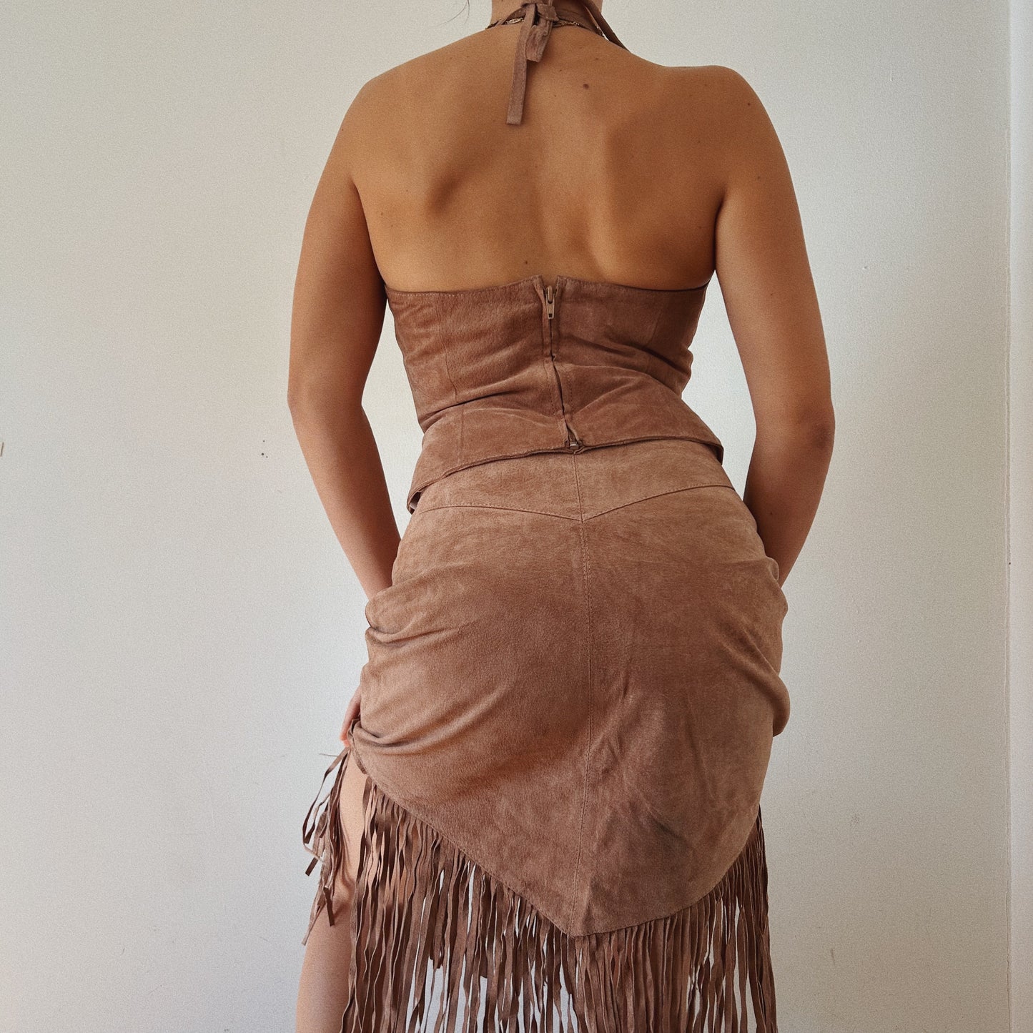 Suede Fringe Corset and Skirt Boho Set
