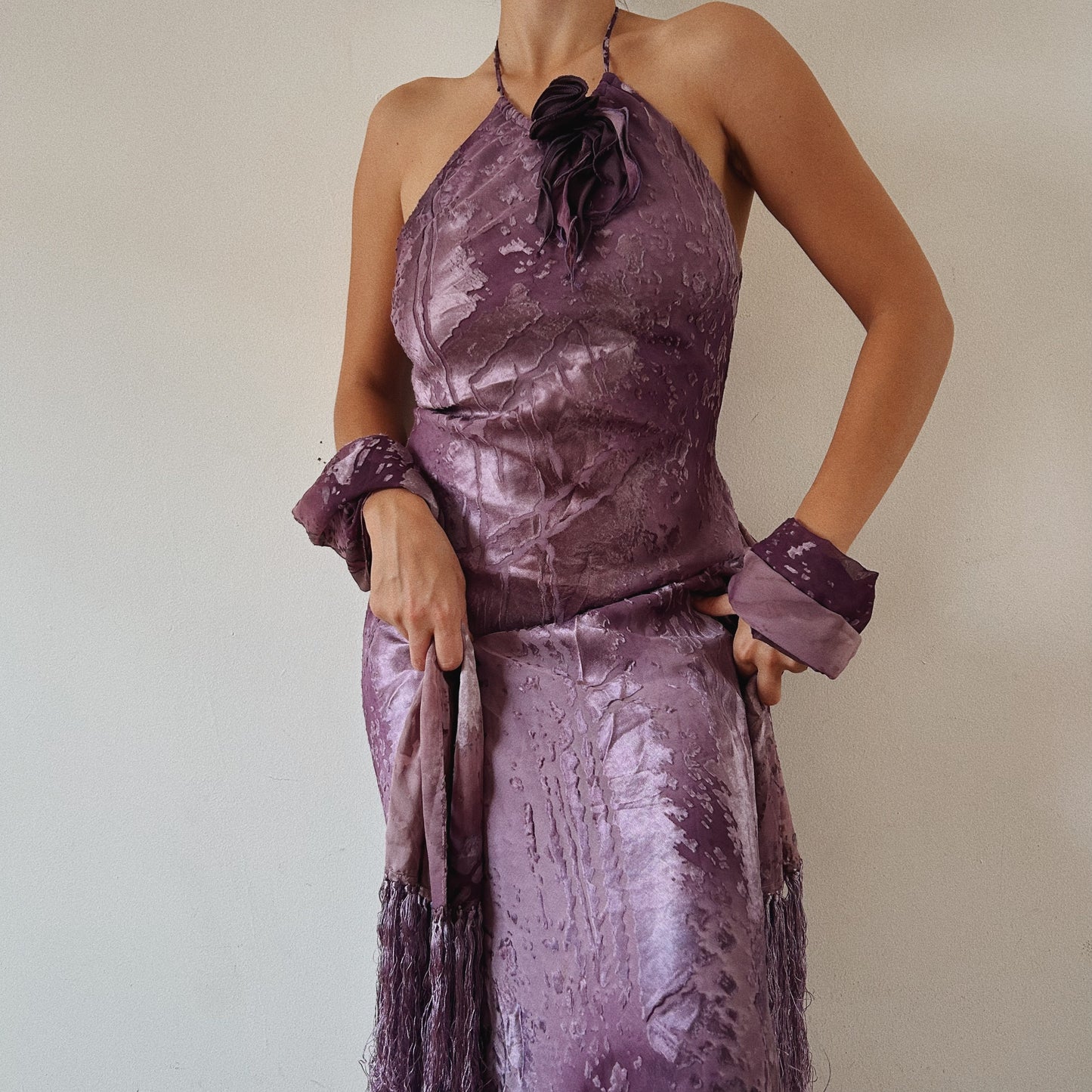 Spanish Halter Velvety Gown With Scarf