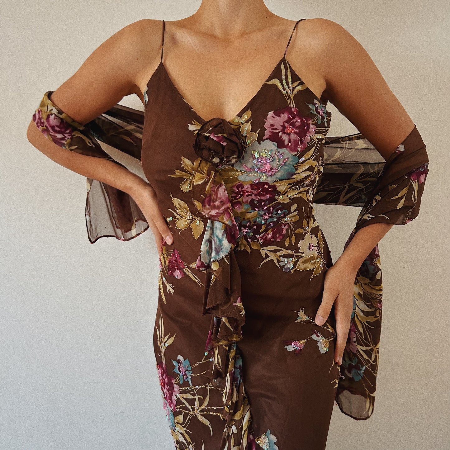 Silk Floral Beaded Maxi Dress with Shawl