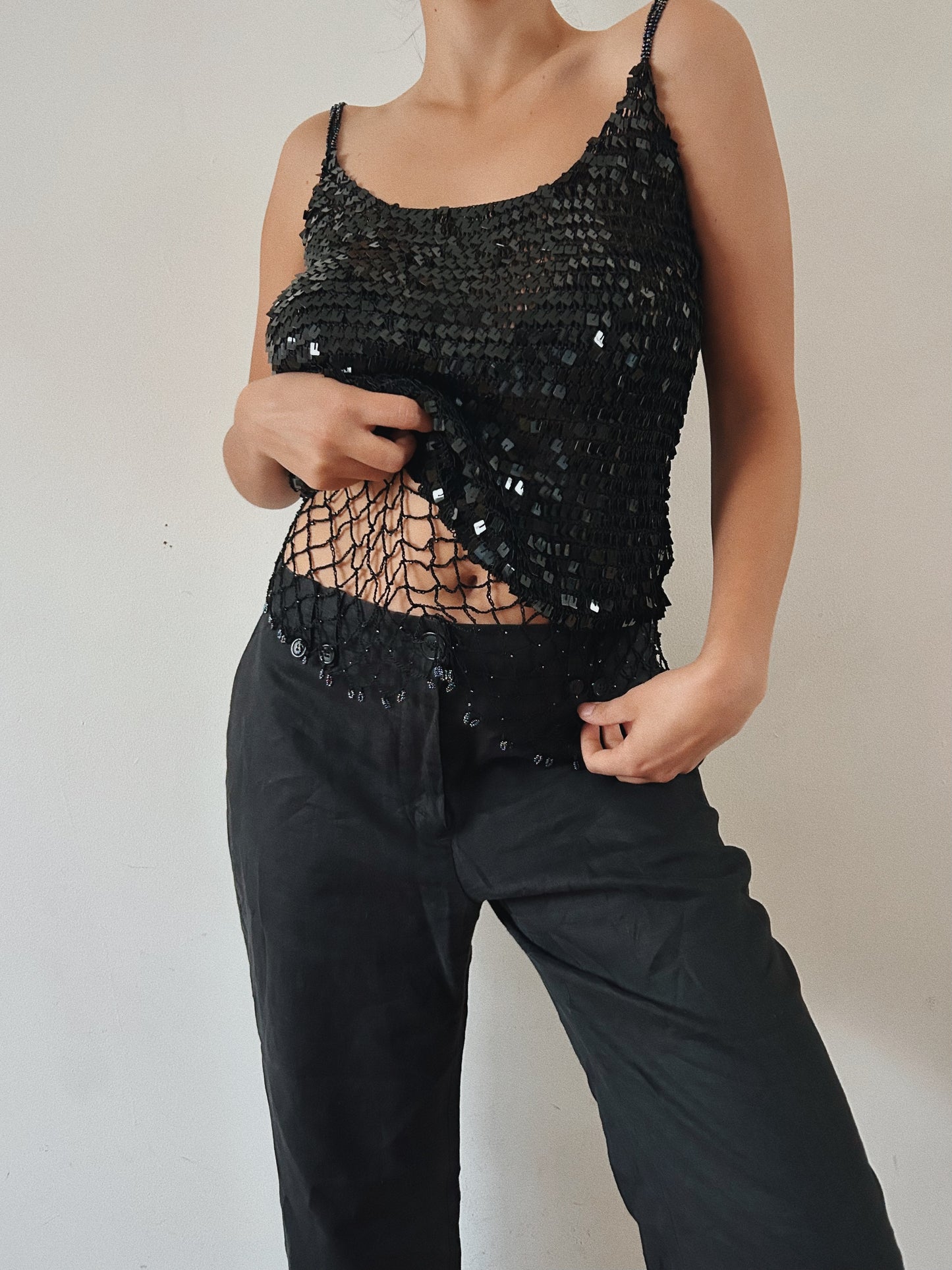 Sequins and Crochet Black Beaded Top