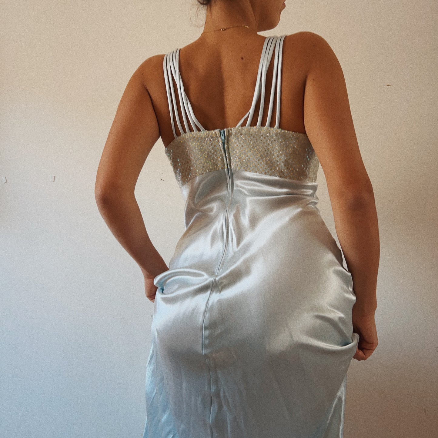 Baby Blue Satin Maxi Dress With Embellished Bustier