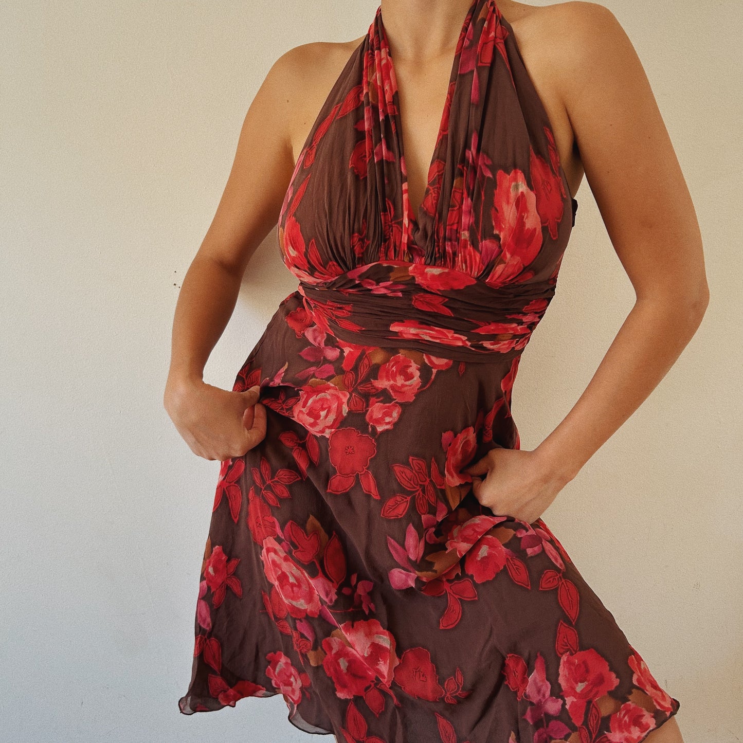 100% Silk Floral Halter Mini Dress