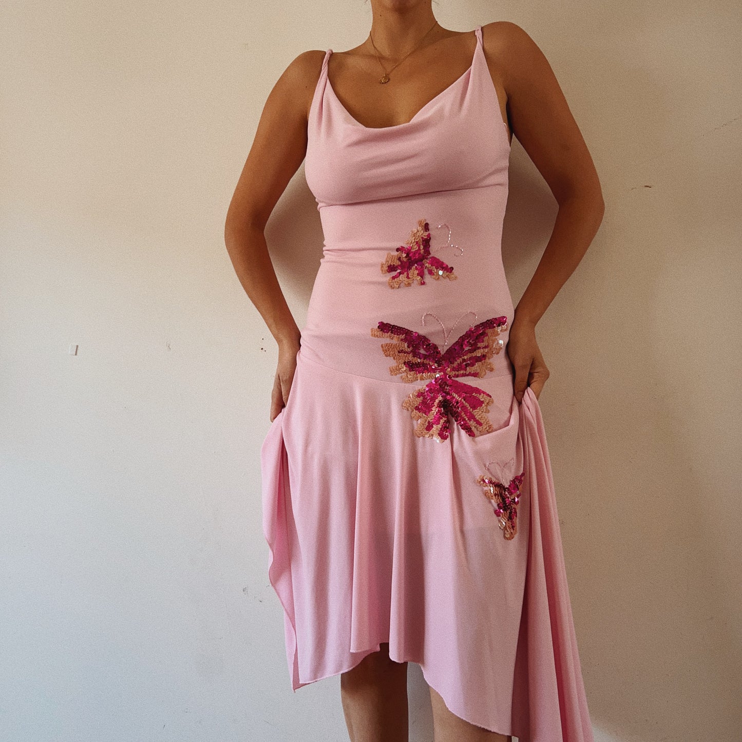 Italian Designer Asymmetrical Pink Butterflies Sequins Dress