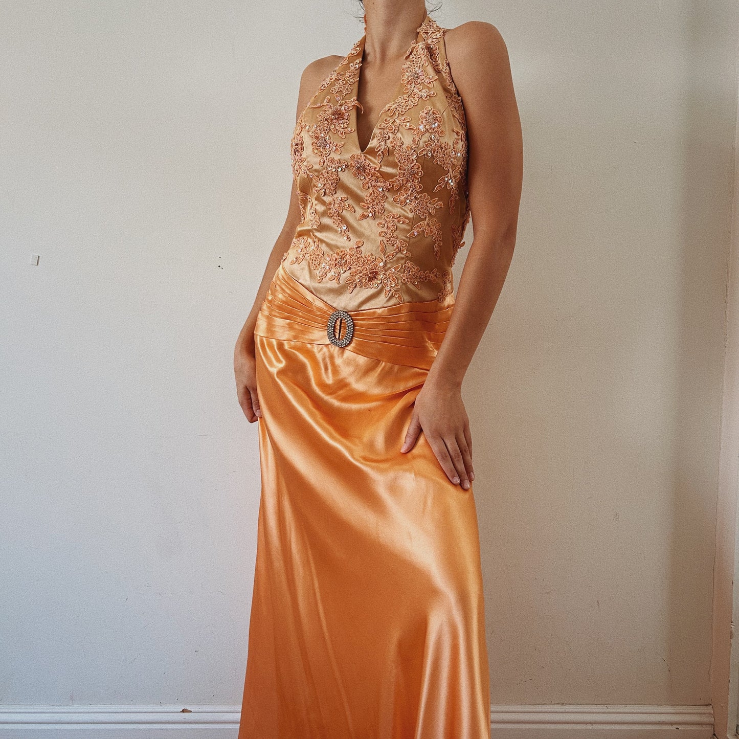 Y2K Beaded Halter Satin Gown