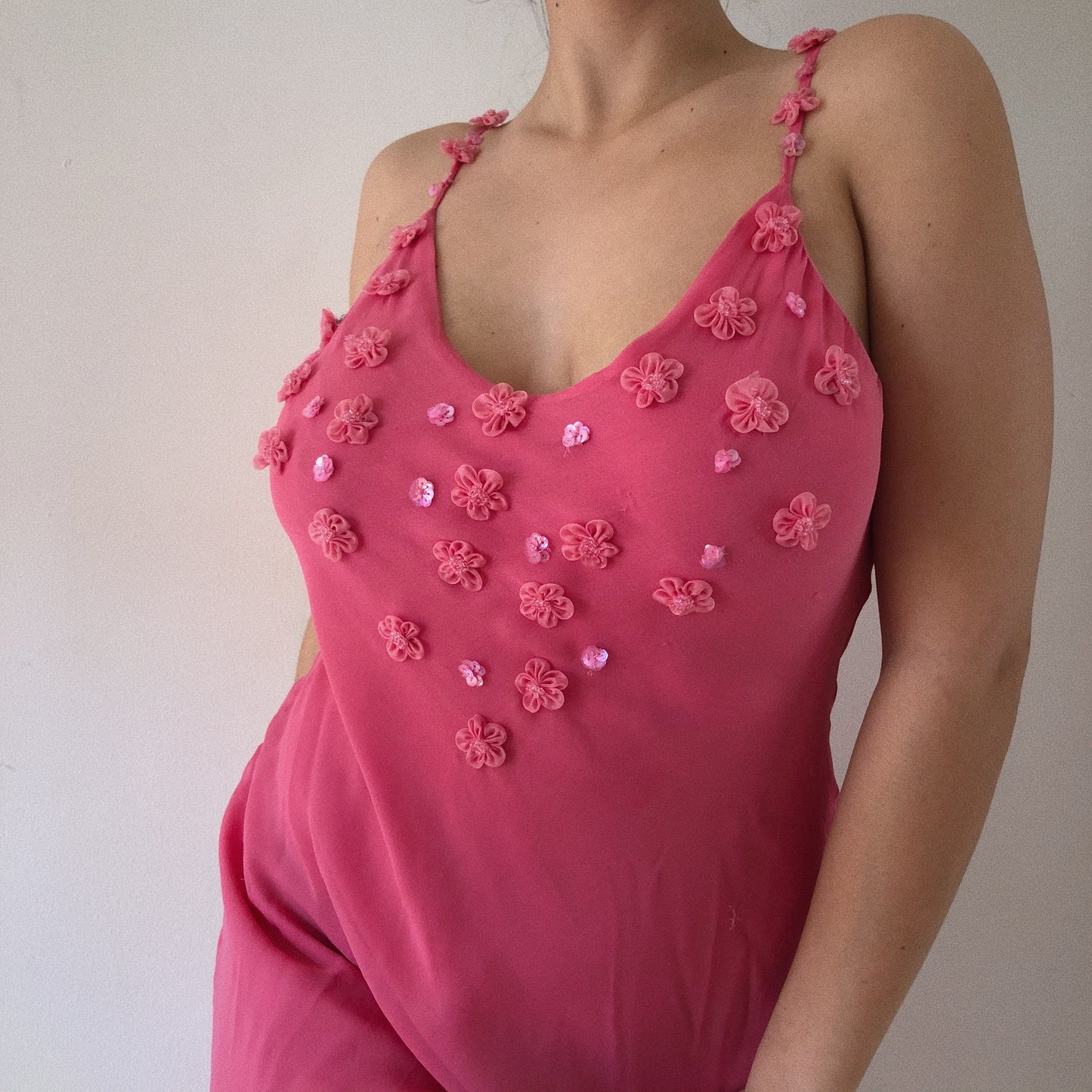 Pure Silk Hot Pink Flower Embellished Dress
