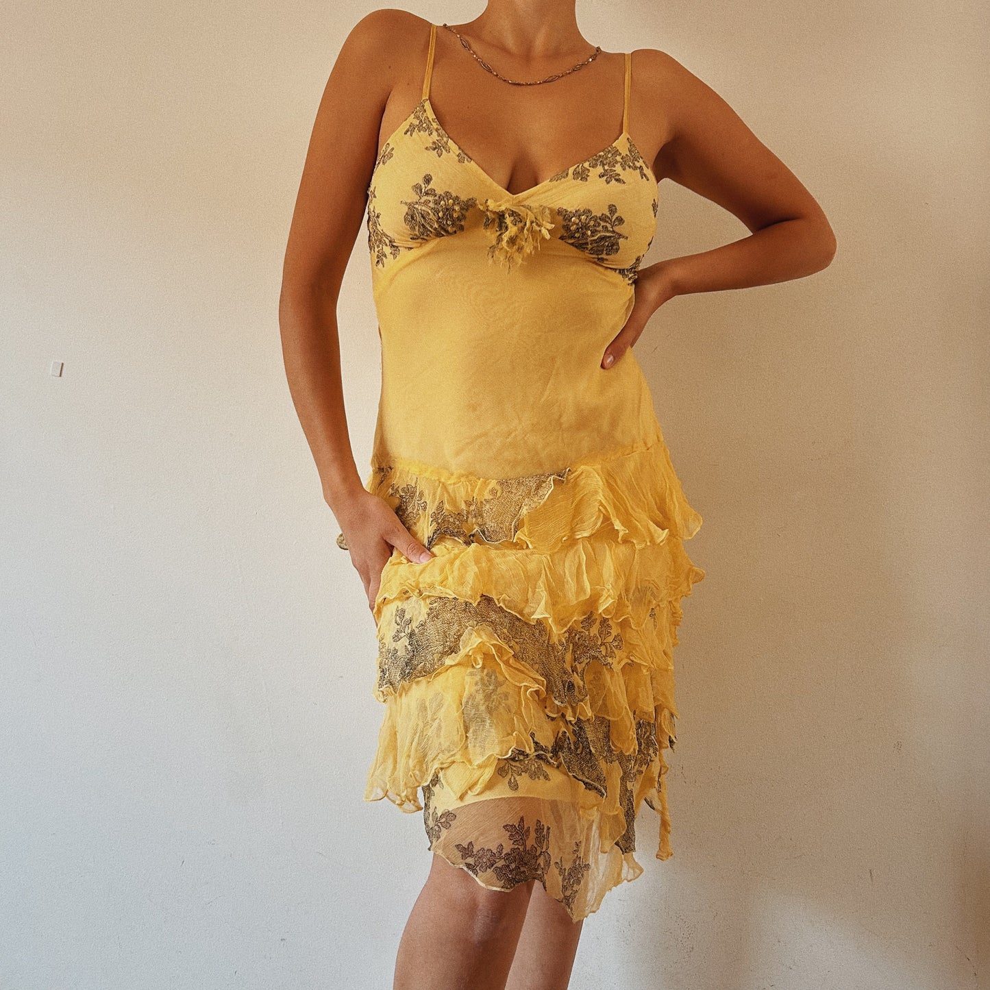 Perfect Yellow Mesh Embellished Mini Dress
