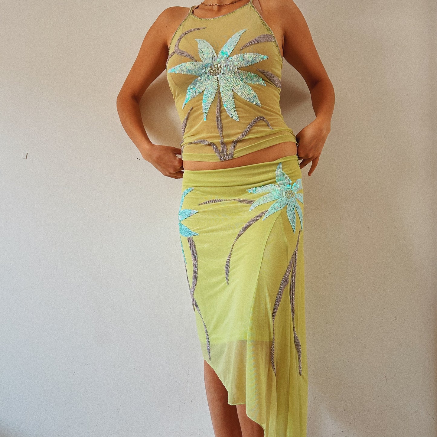 Italian Designer Green Sequins Mesh Set