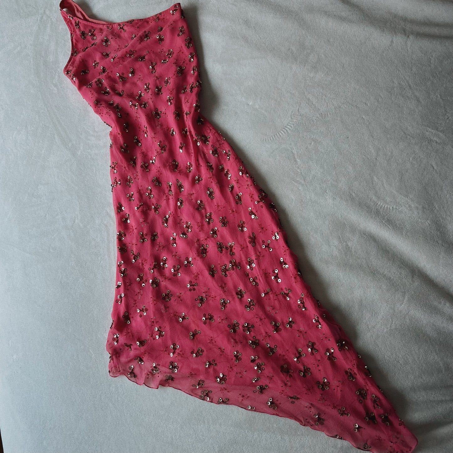 Hot Pink Asymmetrical Beaded Midi One Shoulder Dress