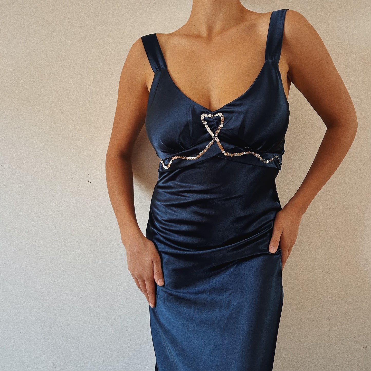 Navy Satin Gown With Sequins