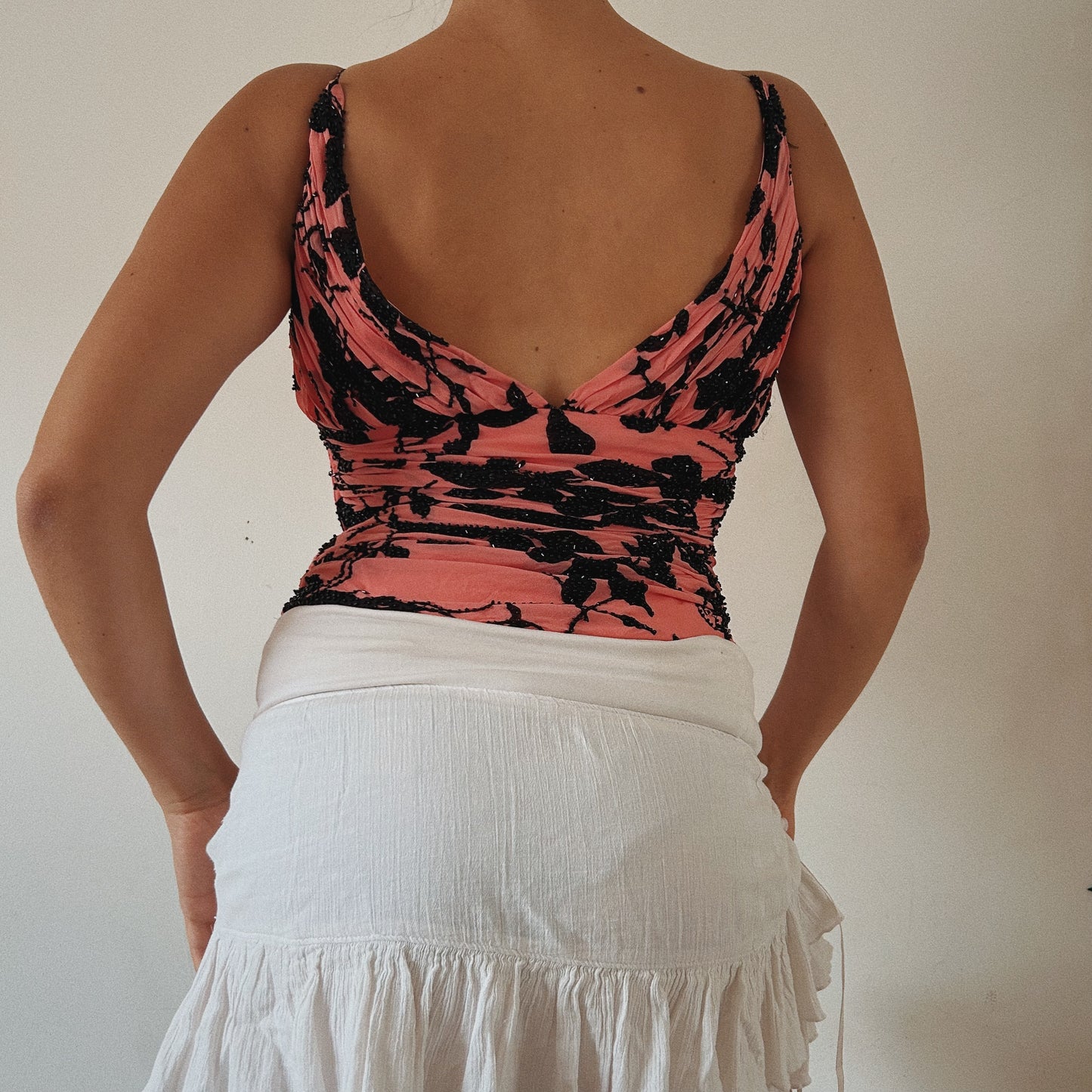 Silk Hot Pink Ruched Beaded Top