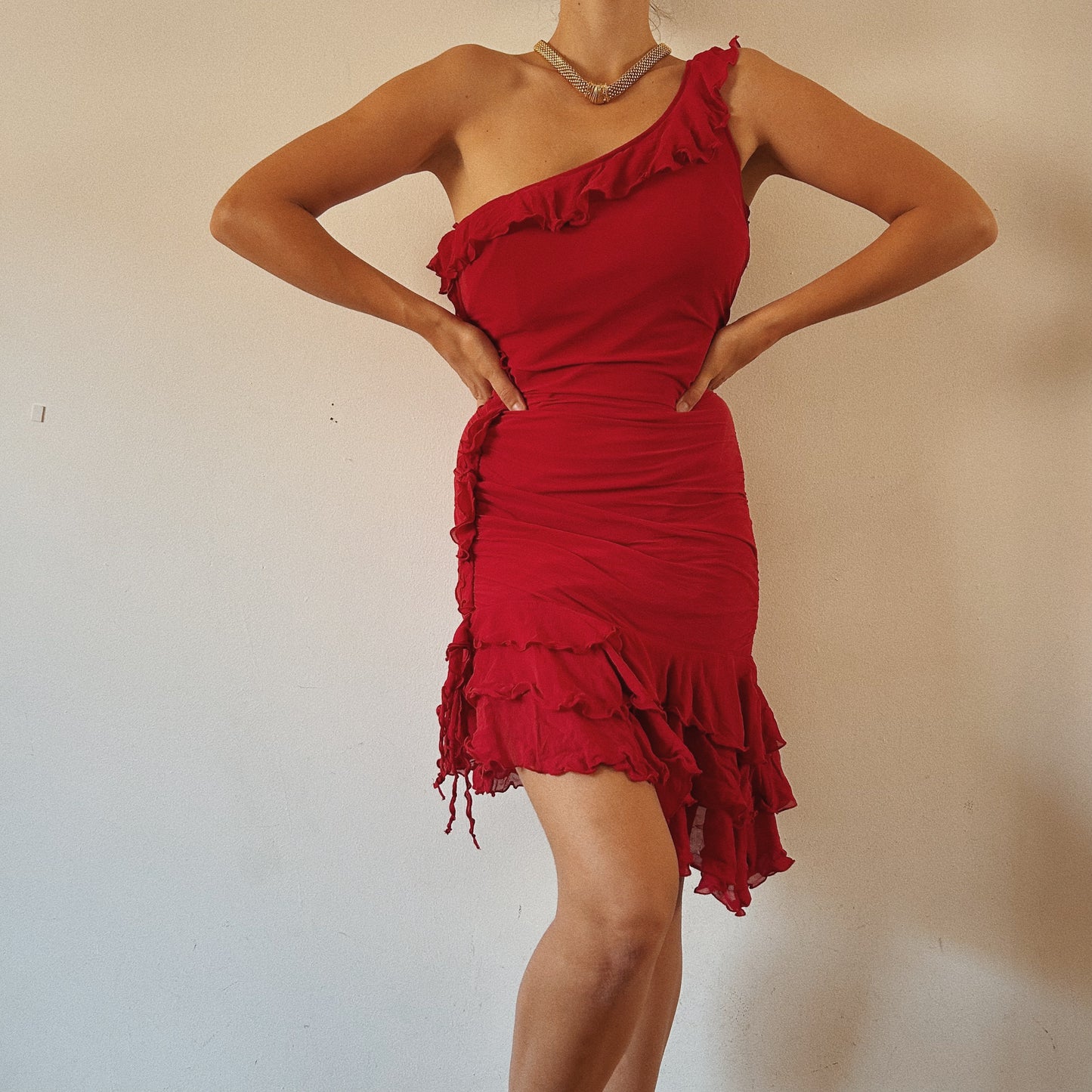 Red Silk One-Shoulder Ruffle Dress