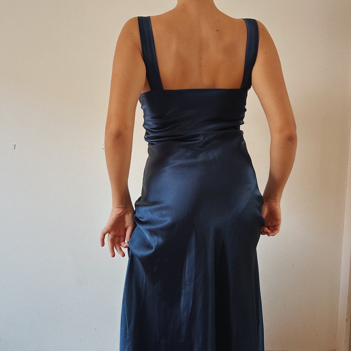 Navy Satin Gown With Sequins