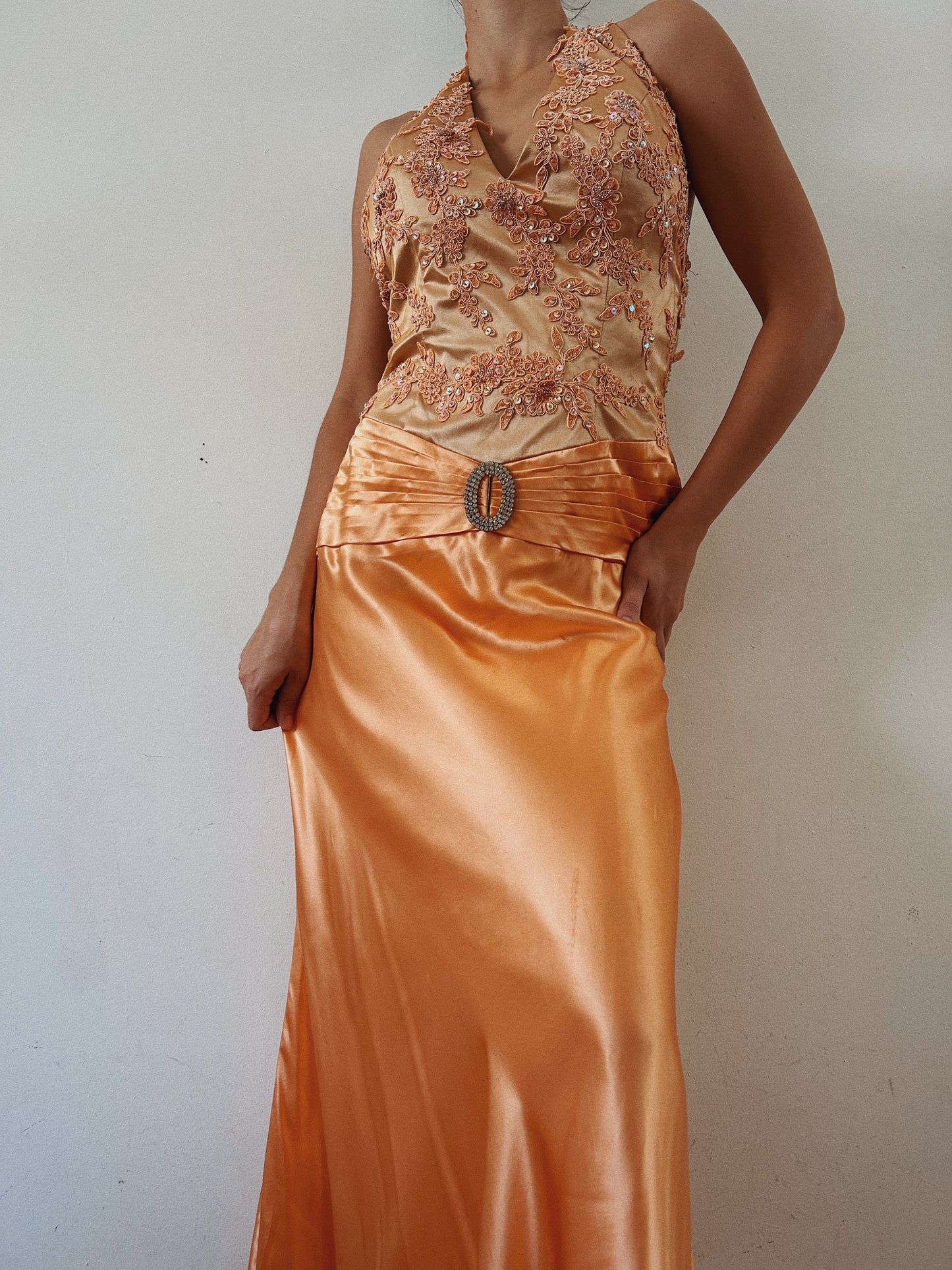 Y2K Beaded Halter Satin Gown