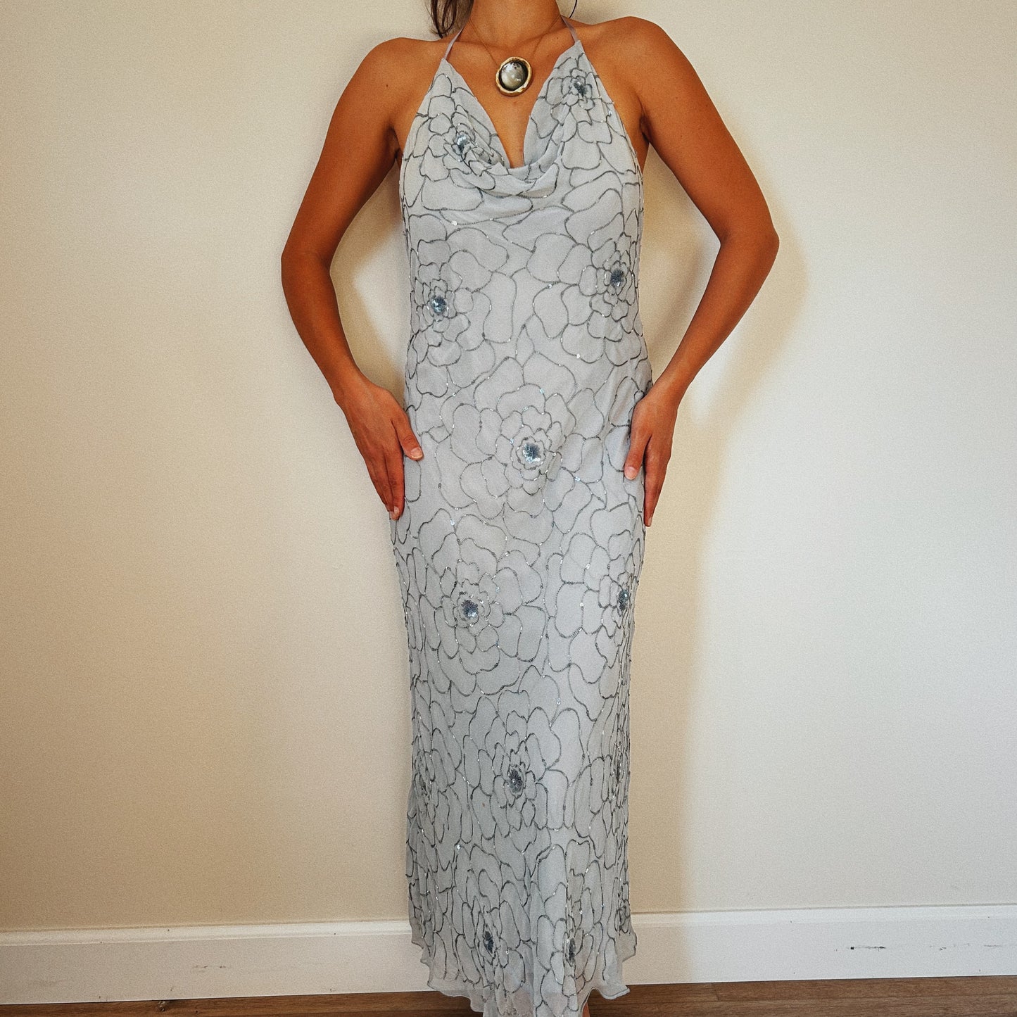 Elegant Beaded Cowl Neck Dress